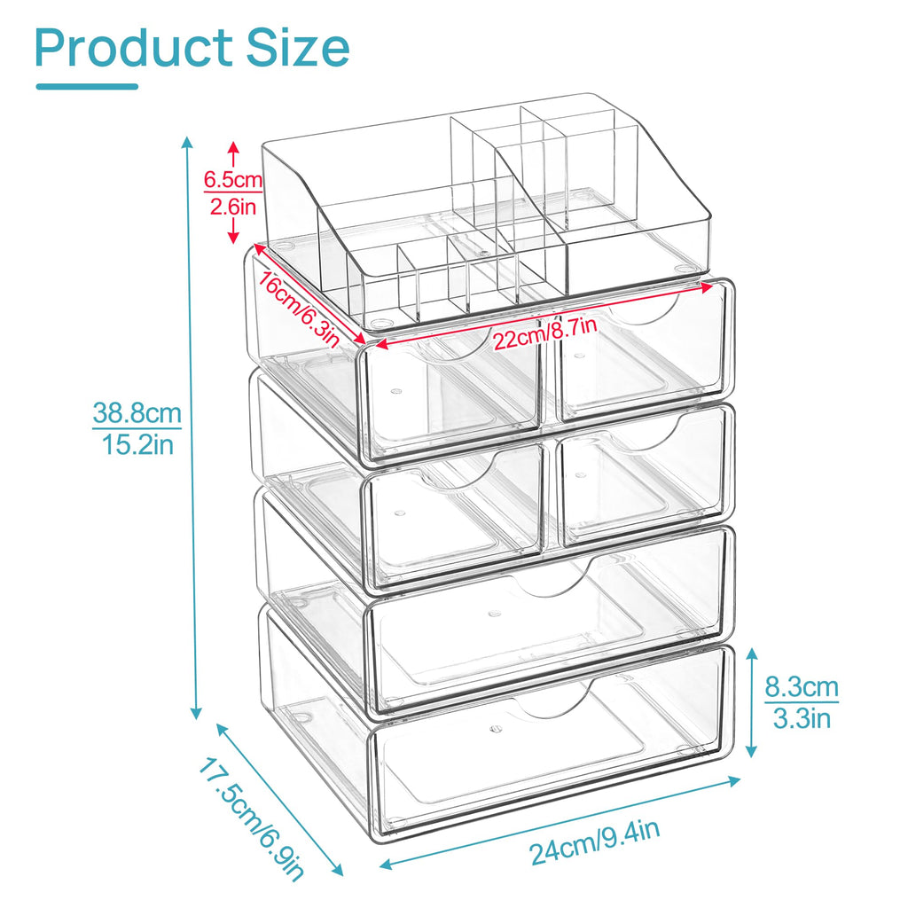 Vtopmart 3 Tier Clear Makeup Organizer with Drawer, Cosmetic Storage for Dresser Countertop and Bathroom Vanity, Beauty Holder for Lipstick Brush Skincare