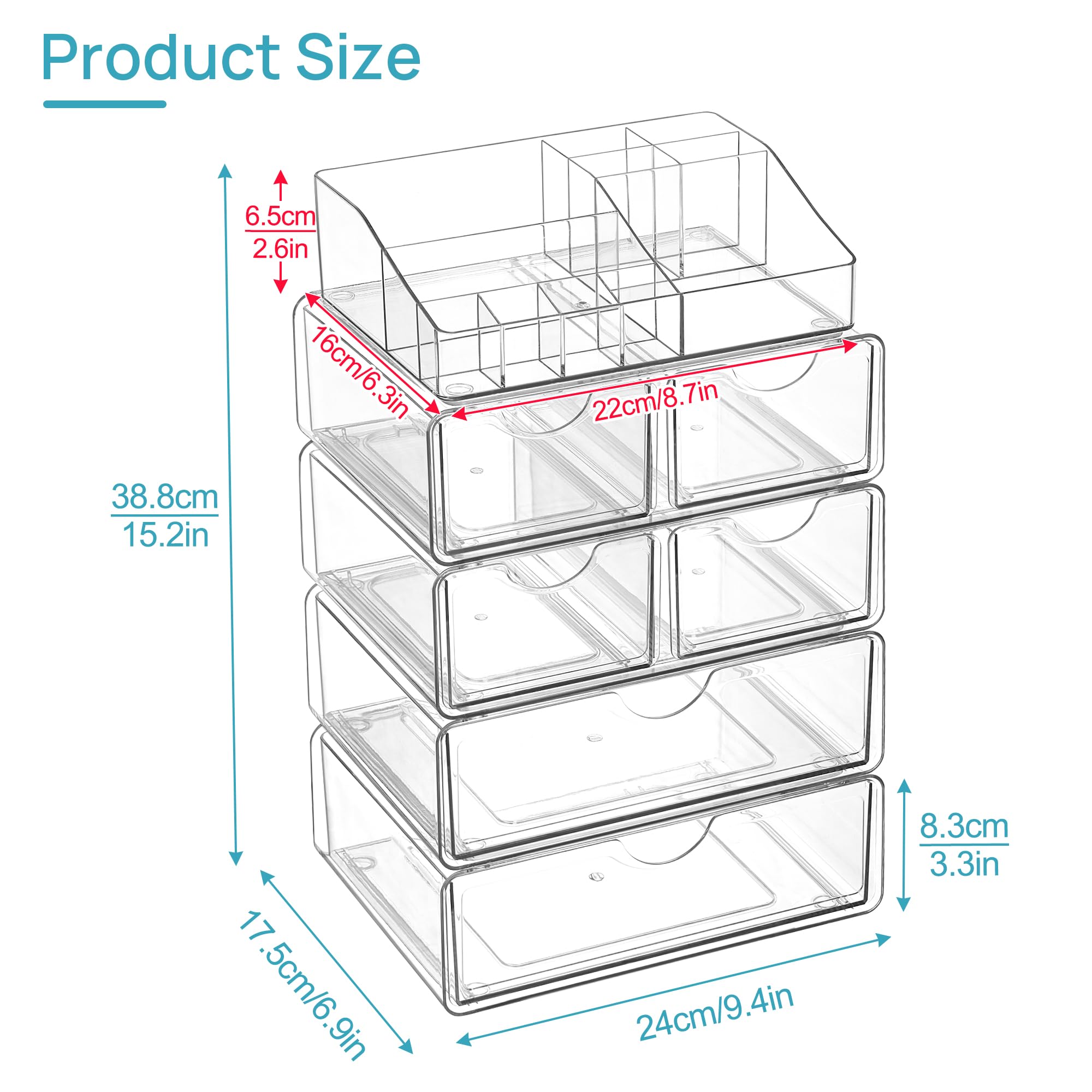 Vtopmart 3 Tier Clear Makeup Organizer with Drawer, Cosmetic Storage for Dresser Countertop and Bathroom Vanity, Beauty Holder for Lipstick Brush Skincare