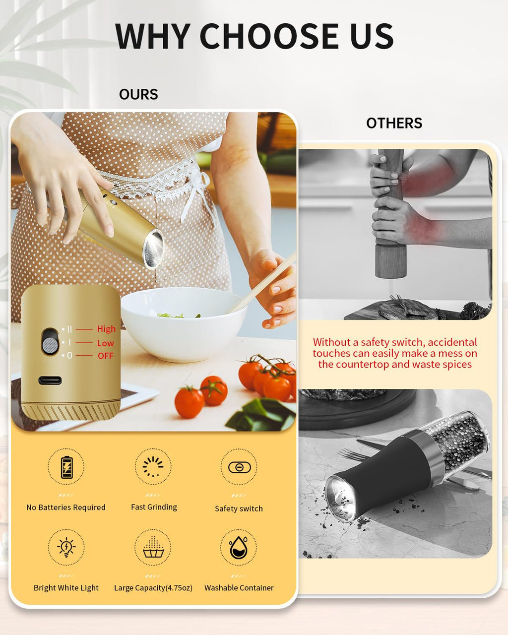 CIRCLE JOY Rechargeable Salt and Pepper Grinder Set Gravity Electric Salt and Pepper Grinder Set, LED Light, Adjustable Coarseness, for Home Kitchen BBQ, Black & White