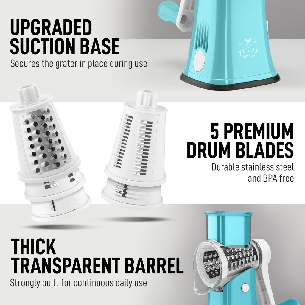 Zulay Kitchen Rotary Cheese Grater 5 Blade Cheese Shredder - Manual Hand Crank Cheese Grater With Reinforced Suction & 5 Interchangeable Drums - Easy to Use, Vegetable Chopper Round Mandoline Slicer