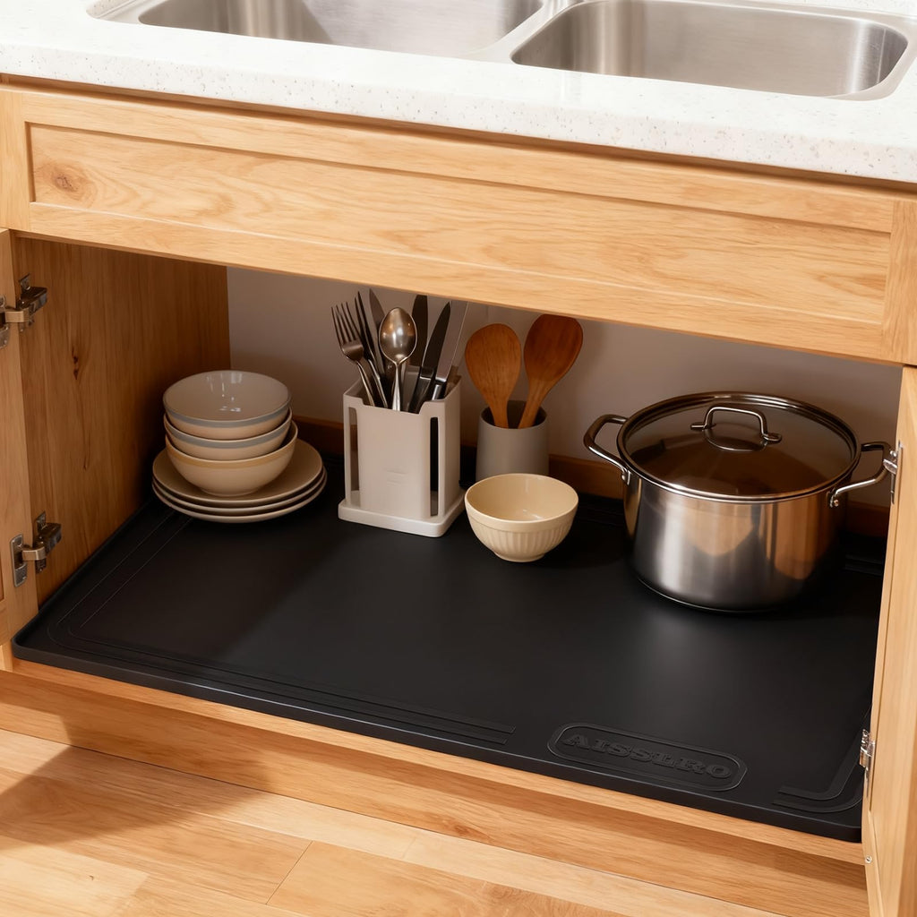 Aisslro Under Sink Mat 22" X 19", Waterproof Silicone Cabinet Protector with Raised Edge, Kitchen & Bathroom Leak Tray, Shelf Liner & Pet Feeding Mat for Dog Cat Food Mats, Light Gray