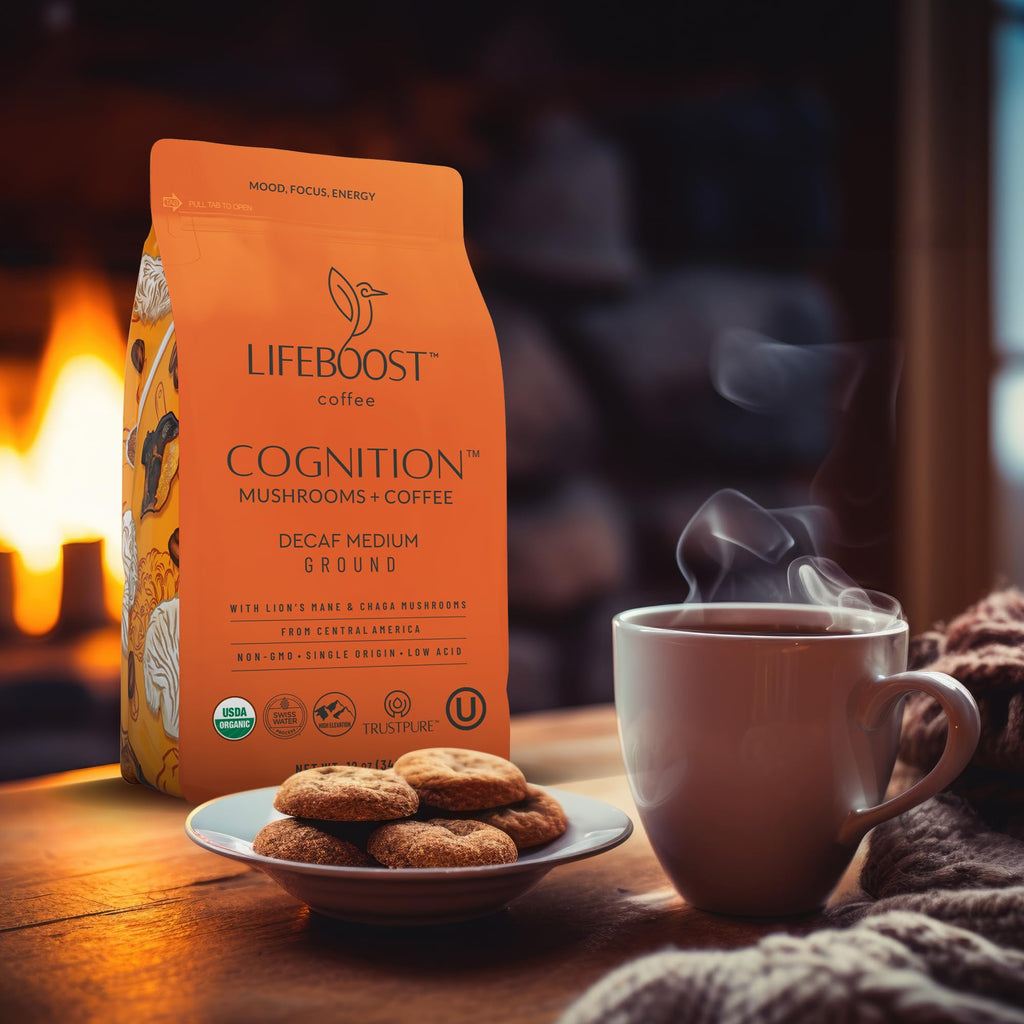 Lifeboost Cognition Adaptogenic Mushroom Coffee - Great Tasting Organic Lions Mane & Chaga Medium Roast Nootropic Coffee - Increase Energy, Boost Focus & Immune Support - 12 oz Bag - Ground
