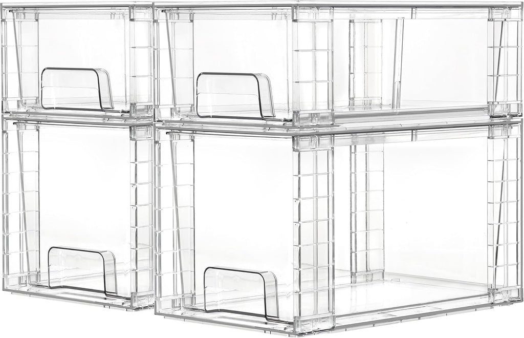 Vtopmart 4 Pack Clear Stackable Storage Drawers,Under Sink and Kitchen Organizers Storage,Easy to Assemble Plastic Drawers for Baby Bottle,Medicine, Bathroom,Cabinet and Pantry Organization