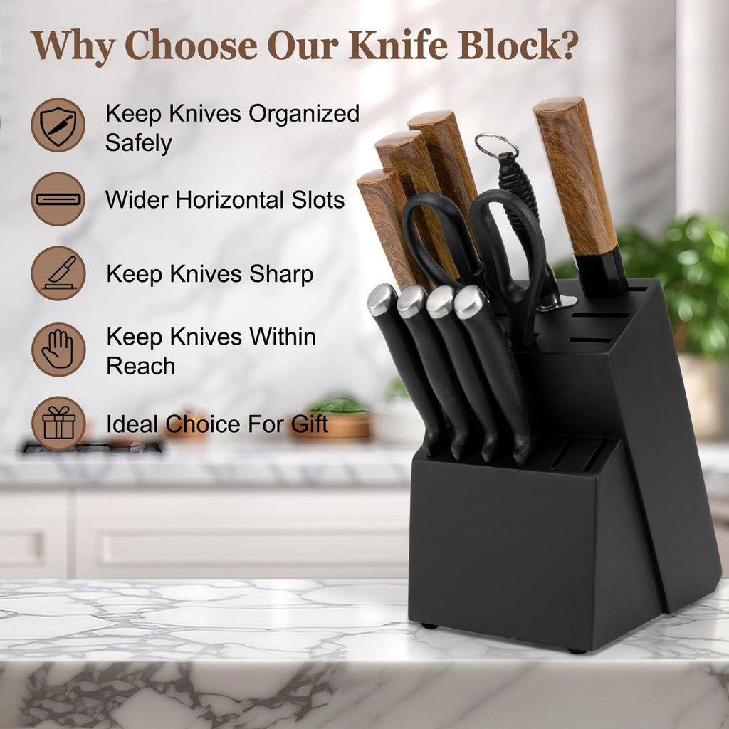 RedCall Universal Knife Block Holder,Large Wood Bamboo Knife Block without Knives,14 Slot Universal Knife Holder Countertop,Butcher Block Knife Storage Organizer for Kitchen (Brown)
