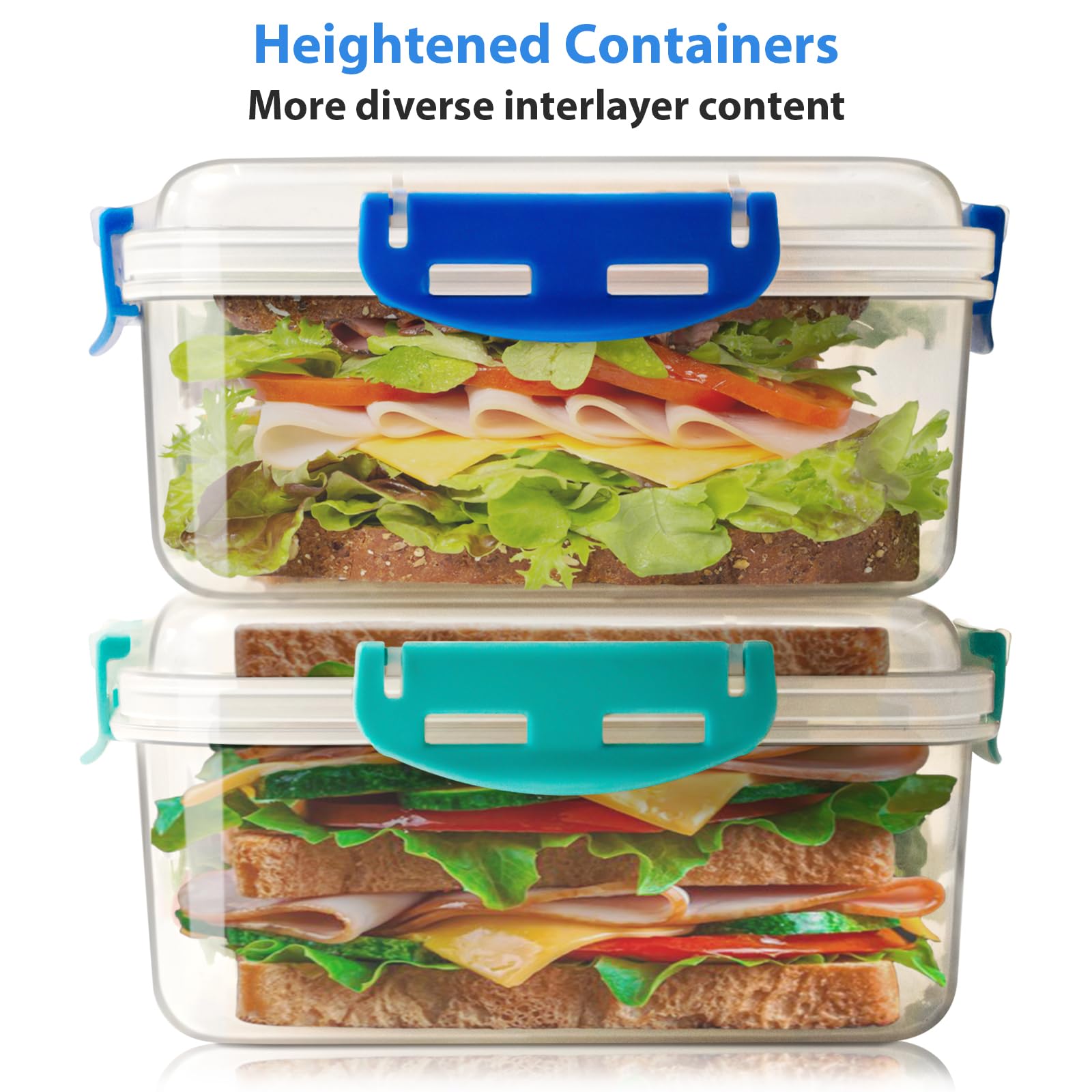 4 PCS Sandwich Containers - 100% Airtight & BPA-Free & Microwave & Dishwasher Safe Kitchen Storage Containers with Upgraded Snaps, 2 heightened Containers for Lunch Boxes and 2 normal version