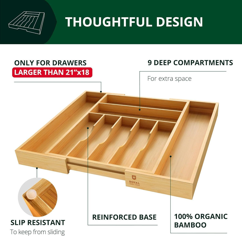 ROYAL CRAFT WOOD Luxury Bamboo Kitchen Drawer Organizer - Silverware Organizer - Utensil Holder and Cutlery Tray with Grooved Drawer Dividers for Flatware and Kitchen Utensils