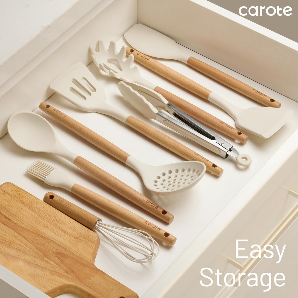 CAROTE Silicone Cooking Utensils Set for Nonstick Cookware, 446°F Heat Resistant Kitchen Utensil Set with Wooden Handle 10pcs, Spatula, Turner, Spoon, Tongs, Whisk