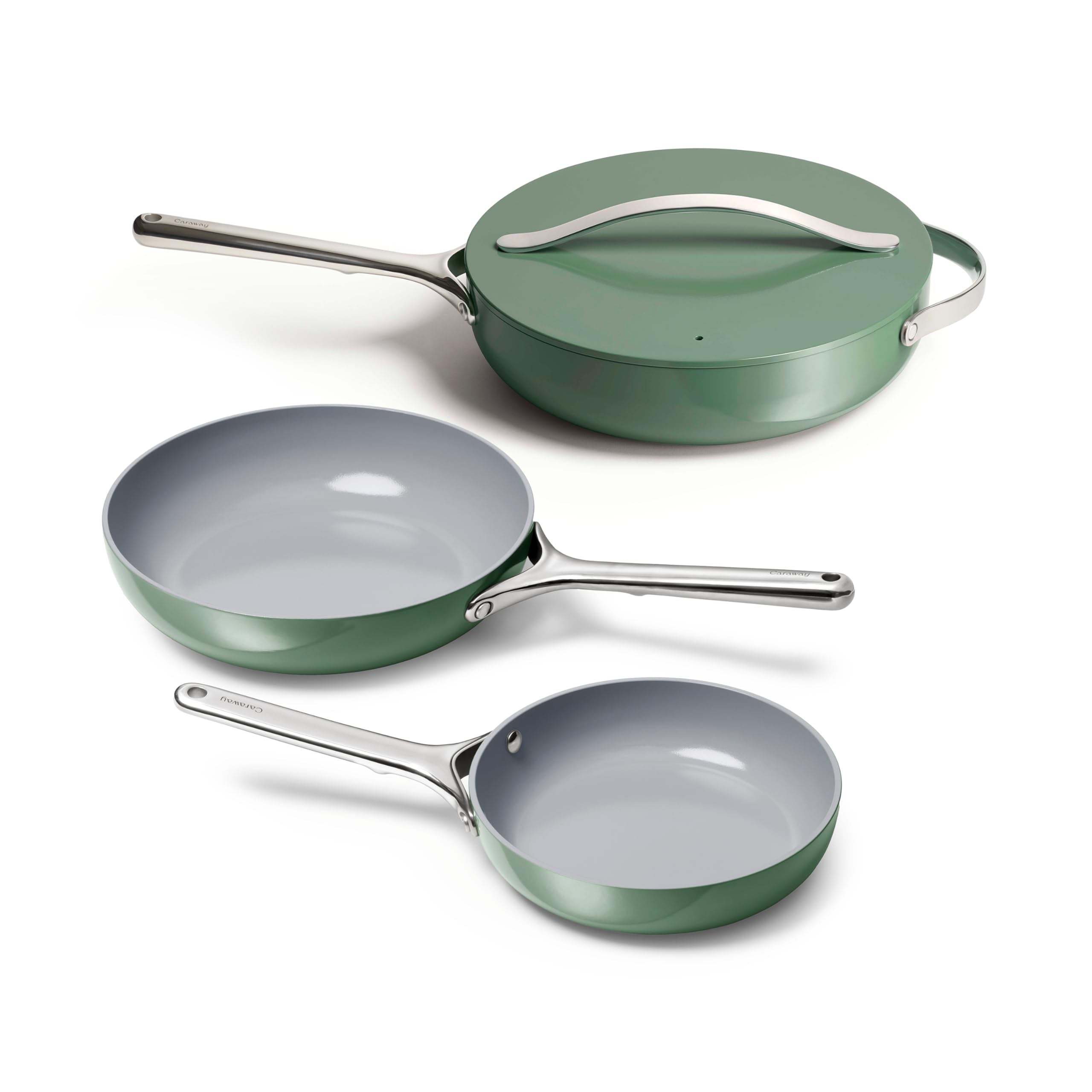 Caraway 4-Piece Fry Pan Set - Non-Stick Frying Pans (10.5” & 8”) & Non-Stick Sauté Pan - Non Toxic, PTFE & PFOA Free - Oven Safe & Compatible with All Stovetops (Gas, Electric & Induction) - Cream