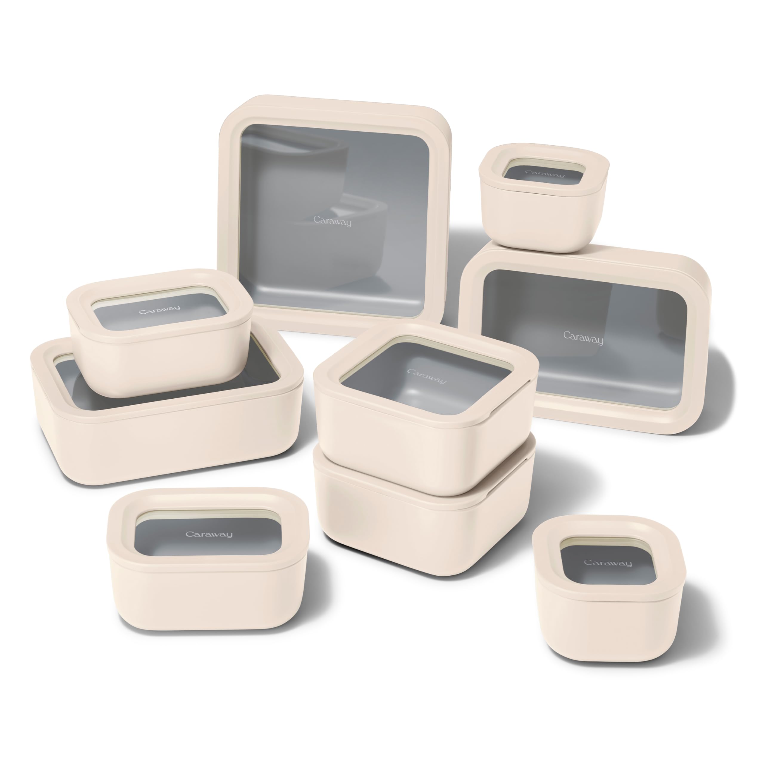 Caraway 13pc Glass Food Storage Container Set - Easy to Store, Non Toxic Lunch Box - with Glass Lids - Includes Storage Organizer - Cream