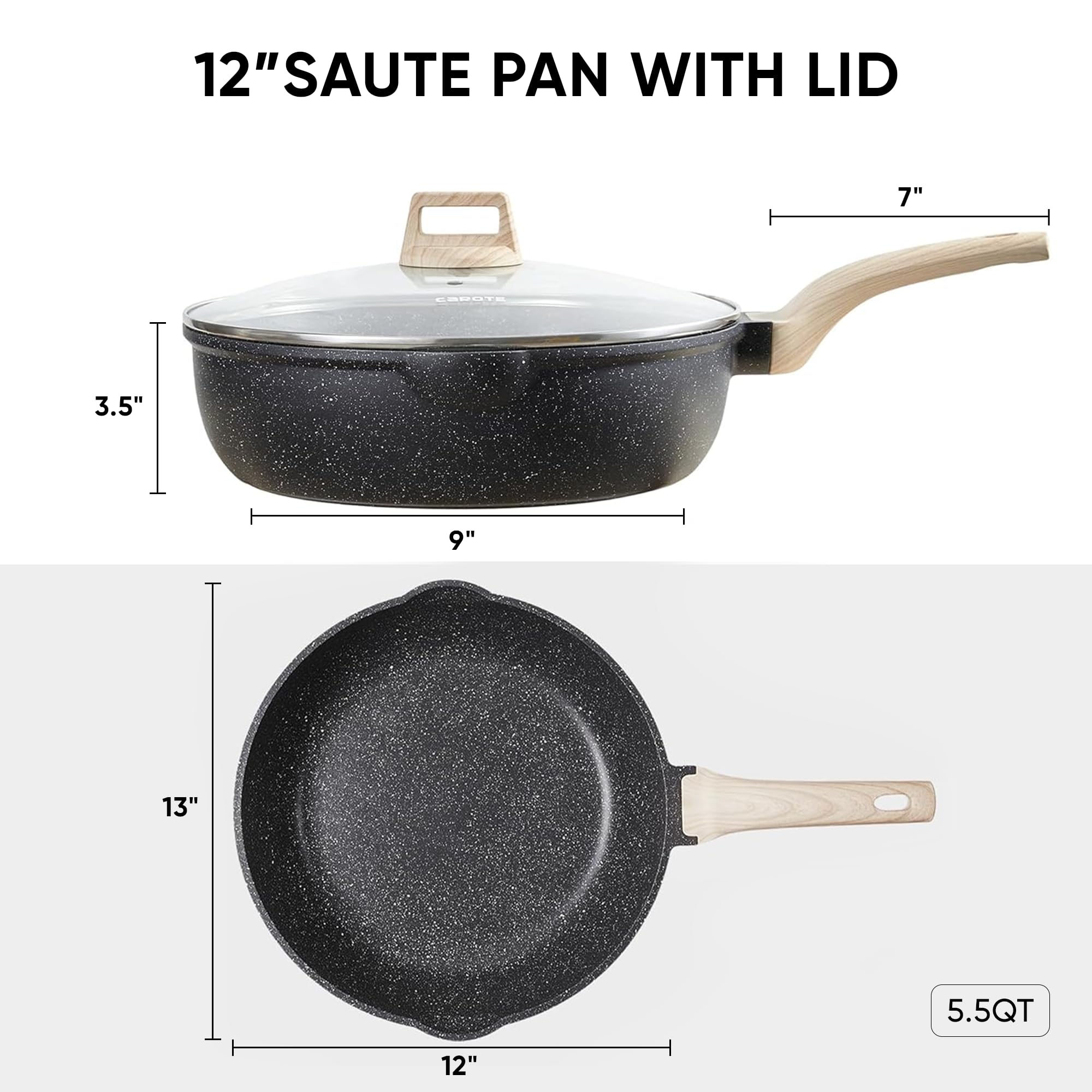 CAROTE 12Inch Nonstick Deep Frying Pan with Lid, 5.5 Qt Jumbo Cooker Saute Pan with Pour Spout, Skillet Induction Cookware, Non Stick Cooking Pan Kitchen Pan PFOA Free, White Granite