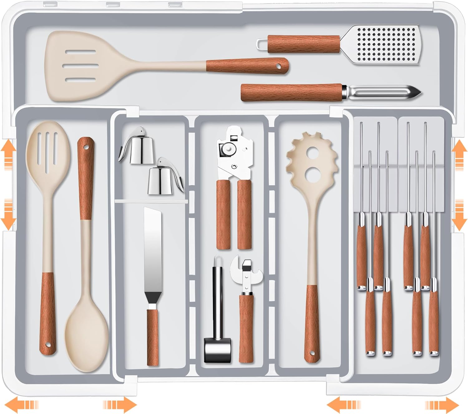 Homecor Silverware Organizer - Expandable Large Kitchen Drawer Organizer Utensil Organizer with 2 Removable Knife Blocks & 2 PACK Acrylic Straw Holder for Cabinet Door