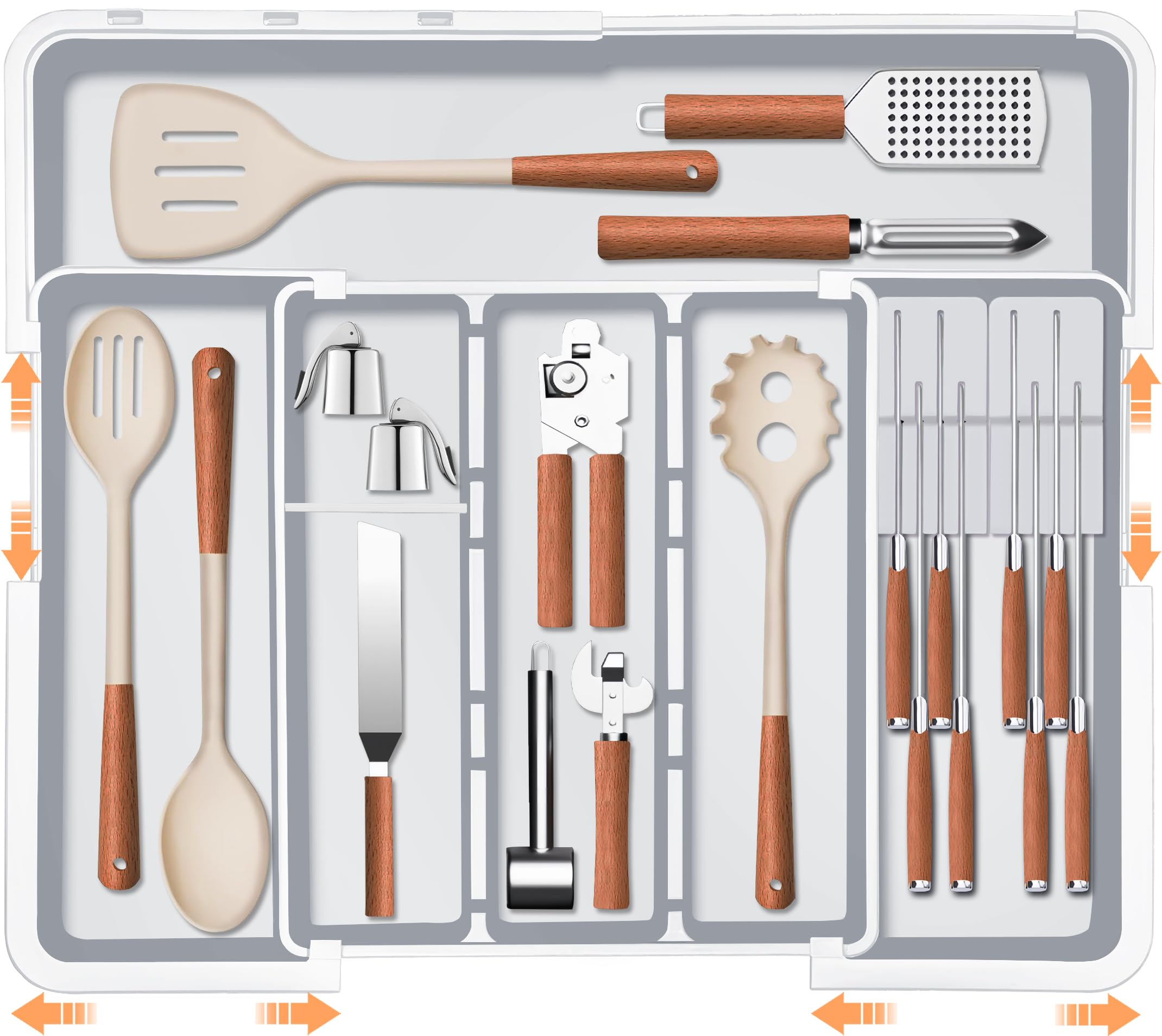 Large Utensil Drawer Organizer for Kitchen, Expandable Silverware Organizer Utensil Holder, Cutlery and Flatware Cooking Tray, Kitchen Drawer Organizers and Storage with Removable Knife Block, Black