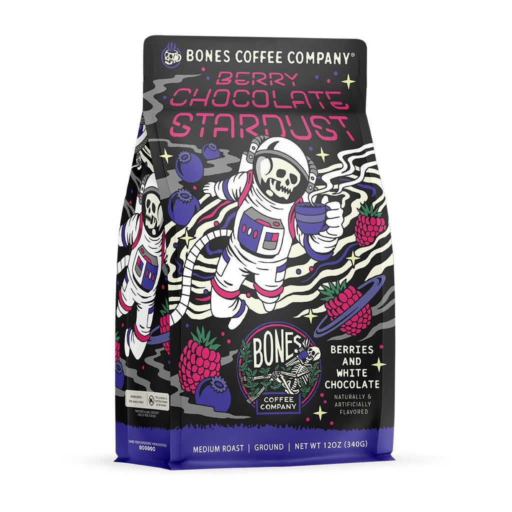 Bones Coffee Company Cinnamon Roll Flavored Coffee, Medium Roast Low Acid Arabica Beans Compatible with Auto drip and French Press Coffee Maker, 12 Oz Whole Bean