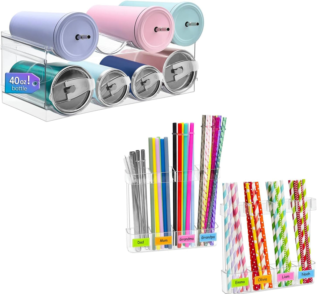 Homecor Water Bottle Organizer, Large Compartment Stackable Kitchen Pantry Organization and Storage Rack& 2 Pack Acrylic Straw Holder for Cabinet Door