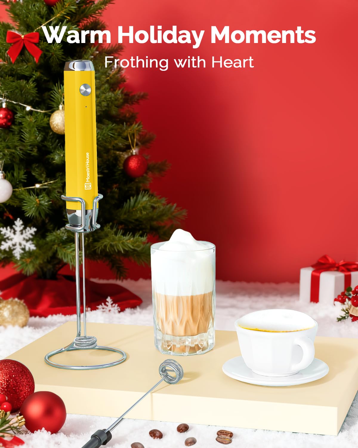 Maestri House Rechargeable Milk Frother with Stand, LunaFro Handheld Electric Foam Maker Waterproof Detachable Stainless Steel Whisk Drink Mixer Foamer for Lattes, Cappuccino