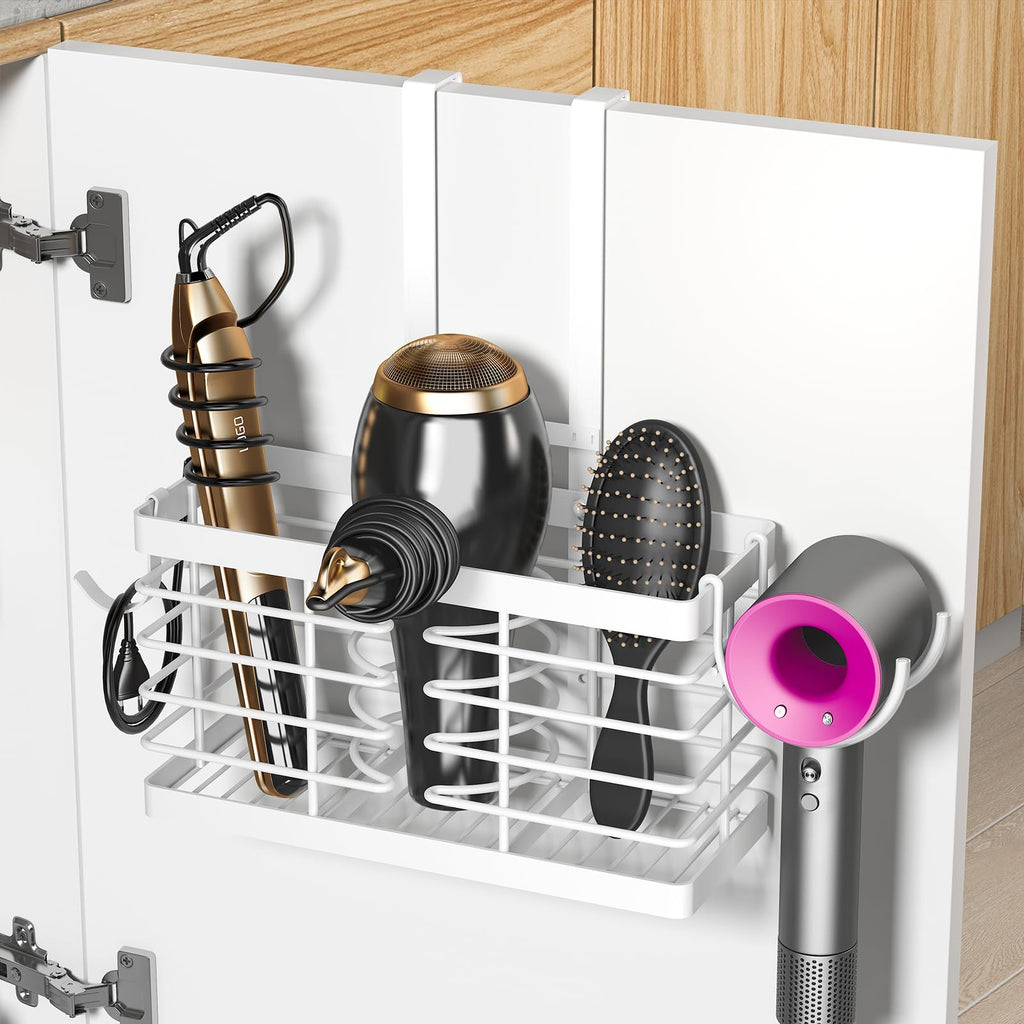 Hair Tool Organizer, 2026 Upgraded 3-in-1 Universal Hair Dryer Holder, Adjustable Height Metal Blow Dryer Holder Wall Mounted/Over Cabinet Door/Free-Standing (Black)