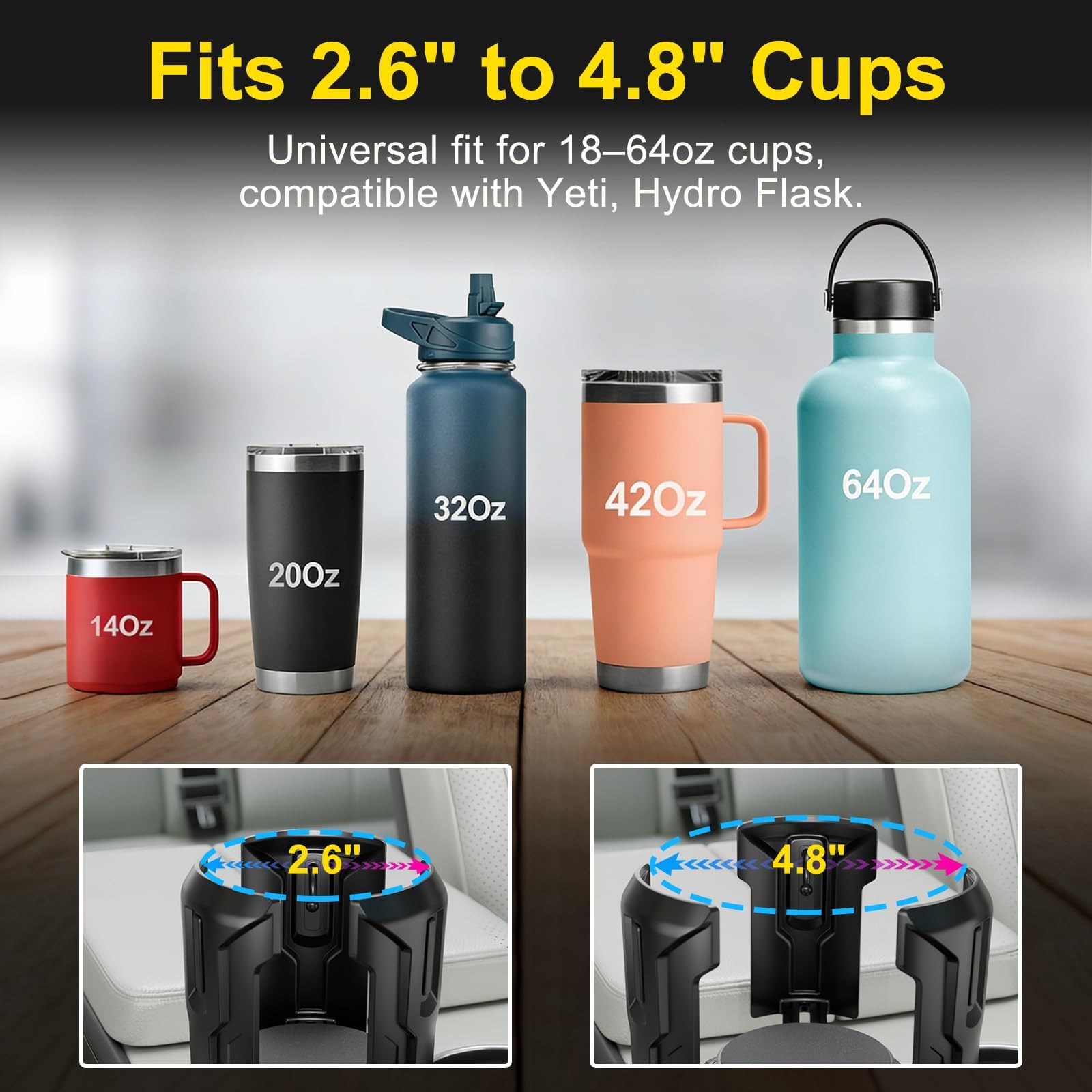 Cup Holder Expander (Adjustable Holder & Base, Auto-Fit Hold, One Button Open), Car Cup Holder Expander for Yeti, Hydro Flask, Nalgene, Owala, Bottles in 2.6"- 4.8" (Light Black, 1 Pack)