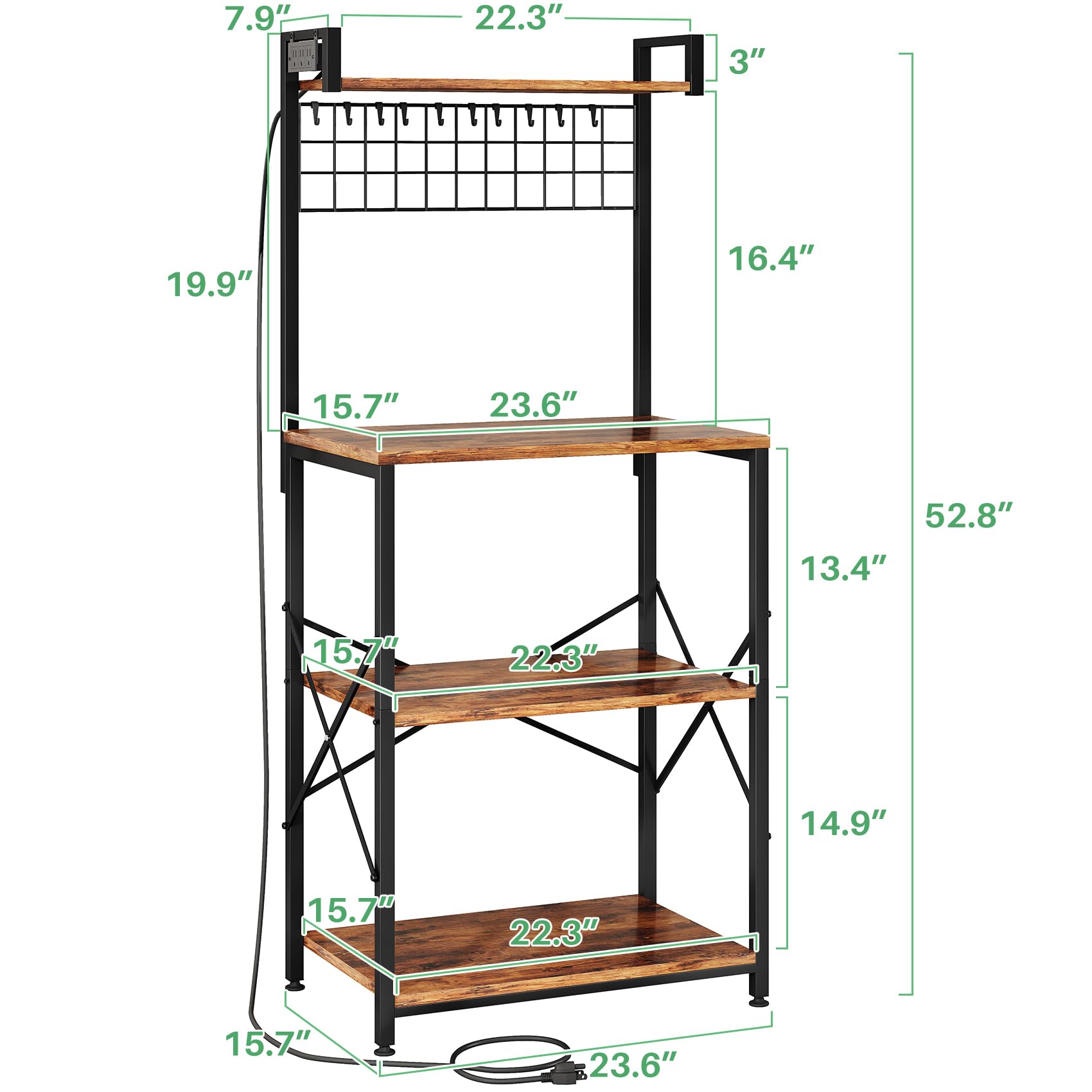 SNTD Bakers Rack with Power Outlet, Kitchen Shelves Microwave Stand with Wire Grid and 10 Hooks, 4 Tiers Coffee Stand (Rustic Brown, 23.5 x 15.6 x 52.8 Inches)