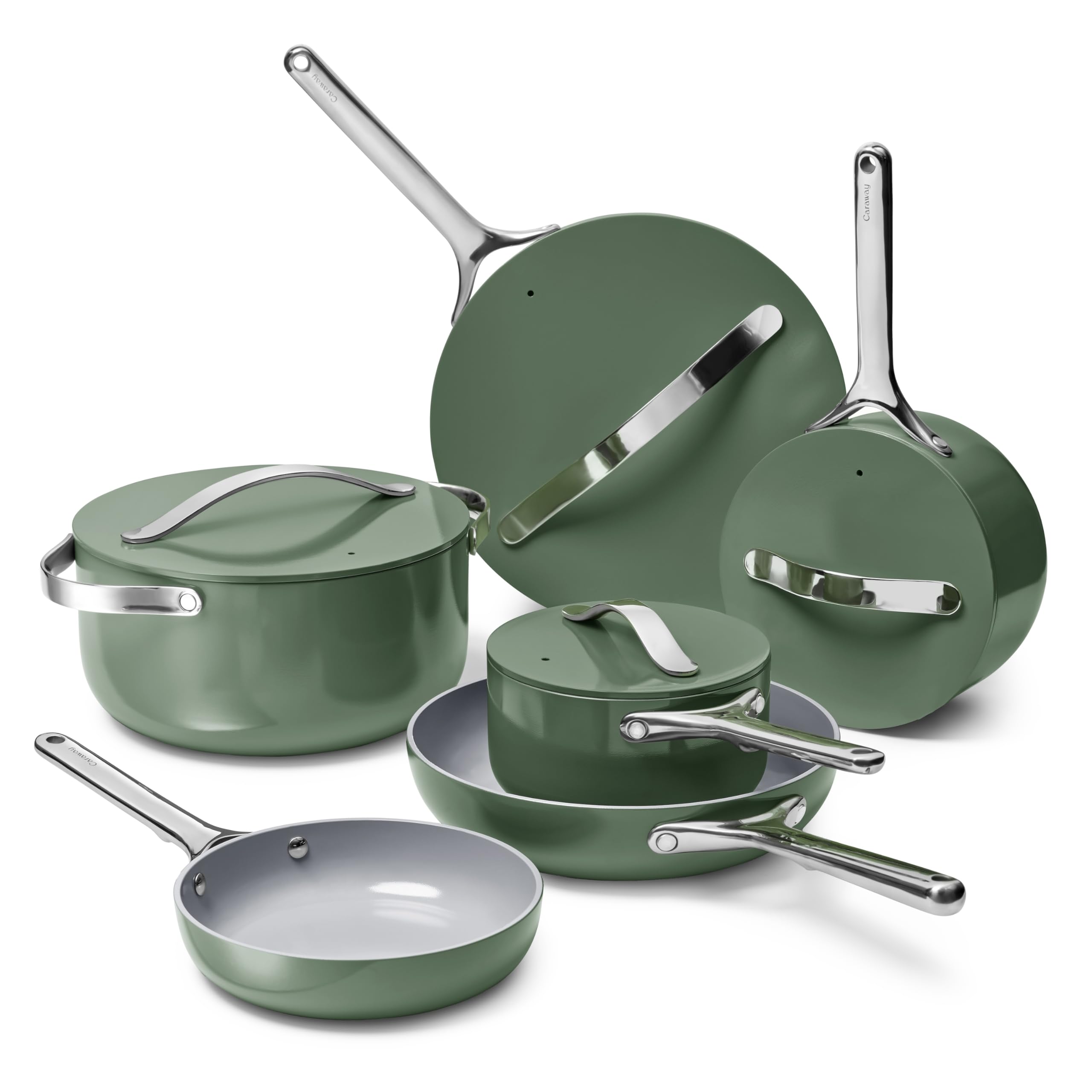 Caraway Non-stick Ceramic Cookware Set (12 Piece) Pots, Pans, Lids and Kitchen Storage - PFAS & PFOA Free - Oven Safe Pan Set & Compatible with All Stovetops - Cream