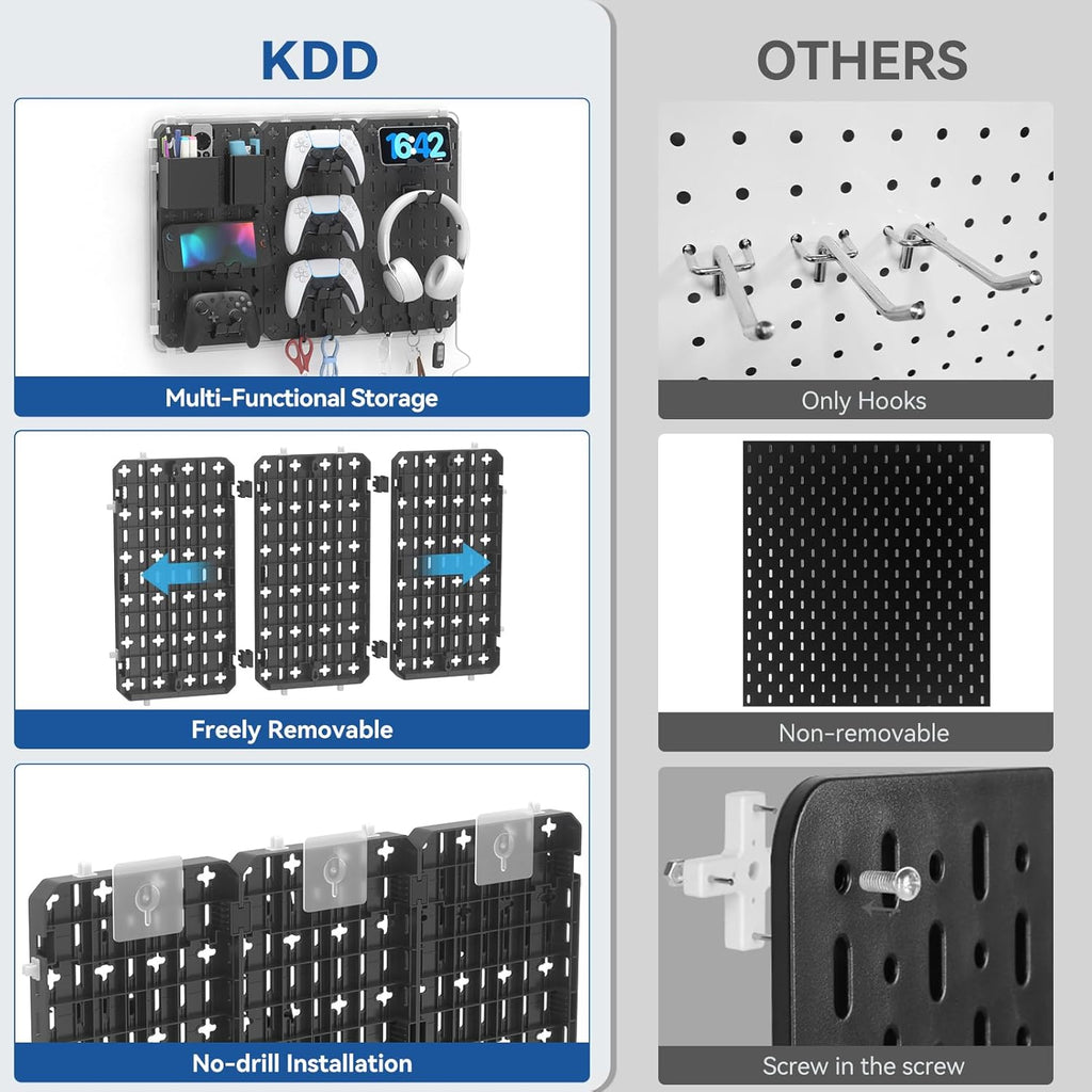 KDD 9 in 1 RGB Gaming Wall Organizer Peg Board - DIY Pegboard Combination Kit with Phone Stand/Pen Holder/Storage Box/Headset & Controller Holder/Hooks for Office & Home Gamer Room Decor Accessories