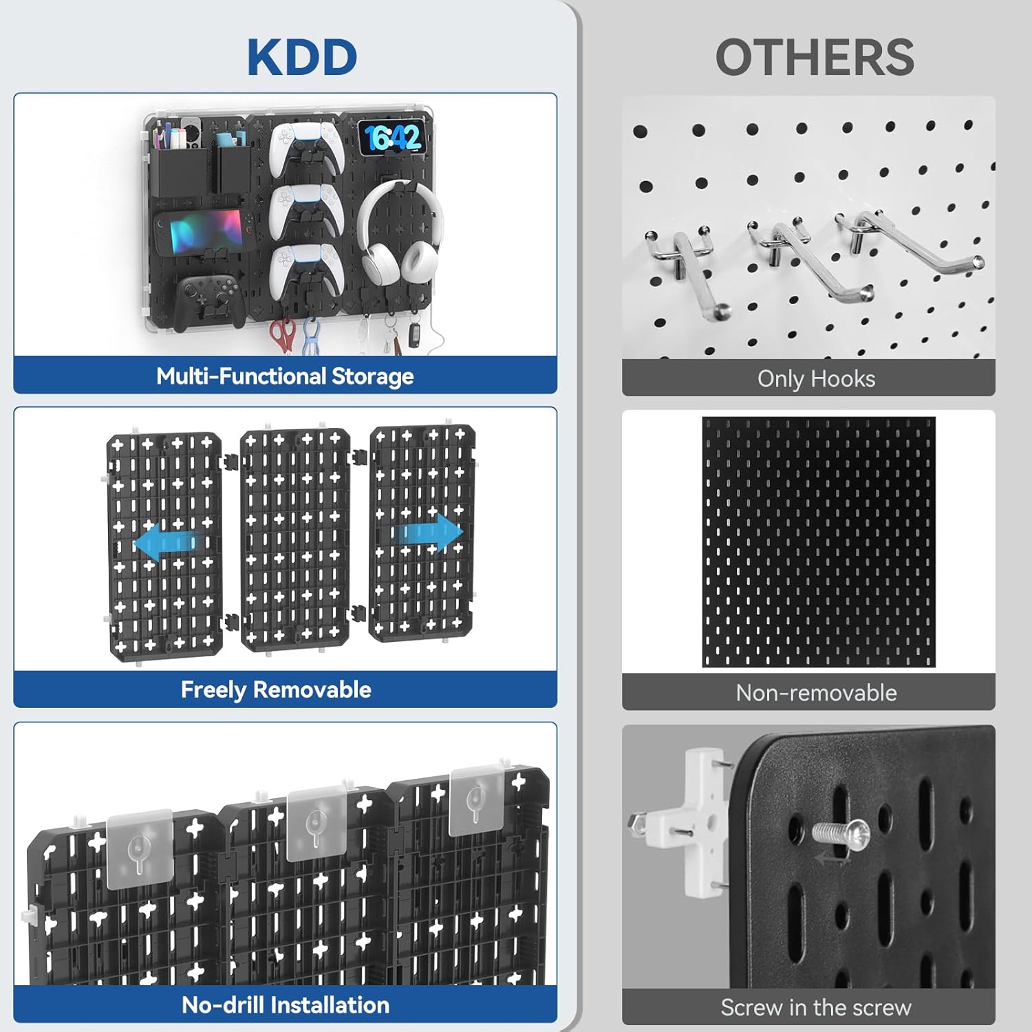 KDD 9 in 1 RGB Gaming Wall Organizer Peg Board - DIY Pegboard Combination Kit with Phone Stand/Pen Holder/Storage Box/Headset & Controller Holder/Hooks for Office & Home Gamer Room Decor Accessories