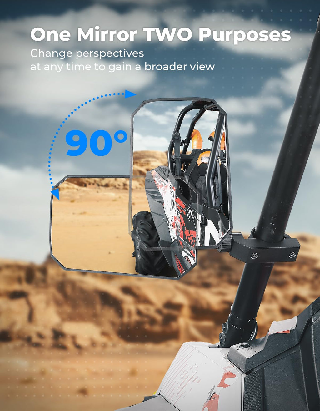 KEMIMOTO UTV Side Mirrors, 2025 New Pattern Aluminum 8" x 5.3" Wide View for 1.65-2 inch Roll bar Compatible with Polaris RZR/Can Am X3/Pioneer/Talon/Teryx/CFMOTO Fit Big UTV No Vibrate & Wobble