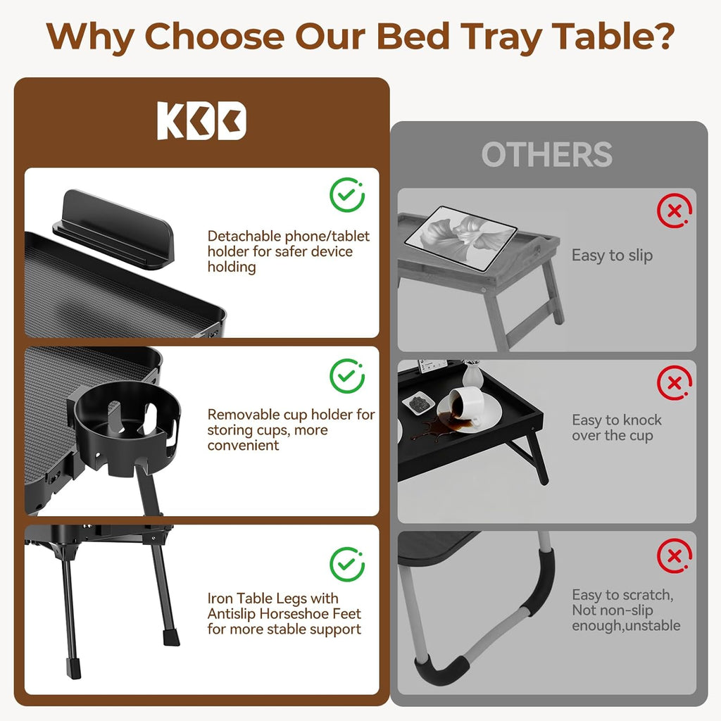 KDD Bed Tray Table with Folding Legs,Breakfast Tray with Removable Cup Holder & Phone Tablet Holder,Foldable Lap Tray for Bed, Sofa,Laptop Desk,Working,Snack, Kitchen Serving Tray,TV Table,Reading