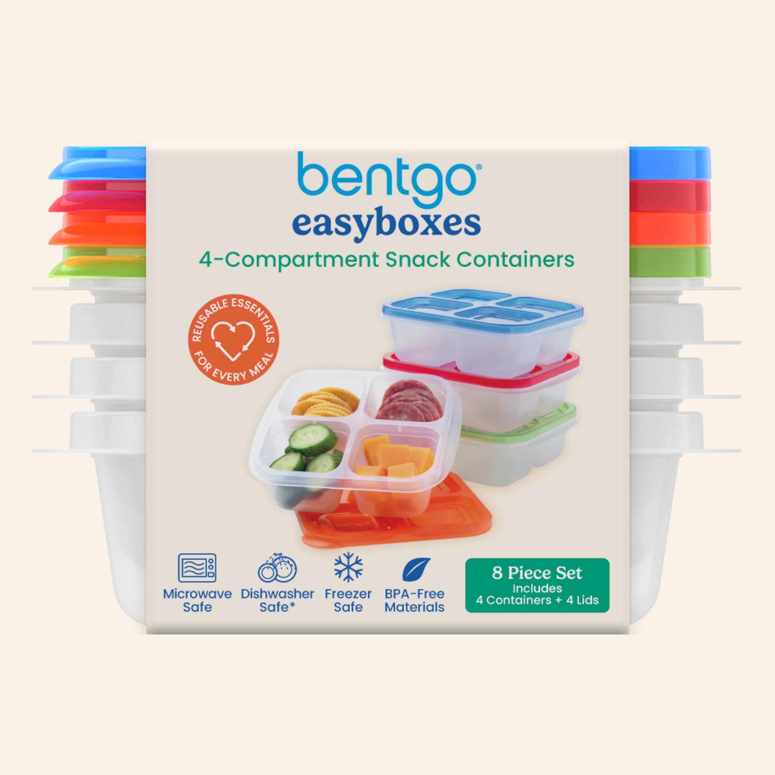 Bentgo Easyboxes 4-Compartment Snack Containers - 8-Piece Set with 4 Trays & 4 Custom-Fit Lids to Seal in Freshness - Reusable Food Storage & Meal Prep Bento BPA-Free Containers (Classic)
