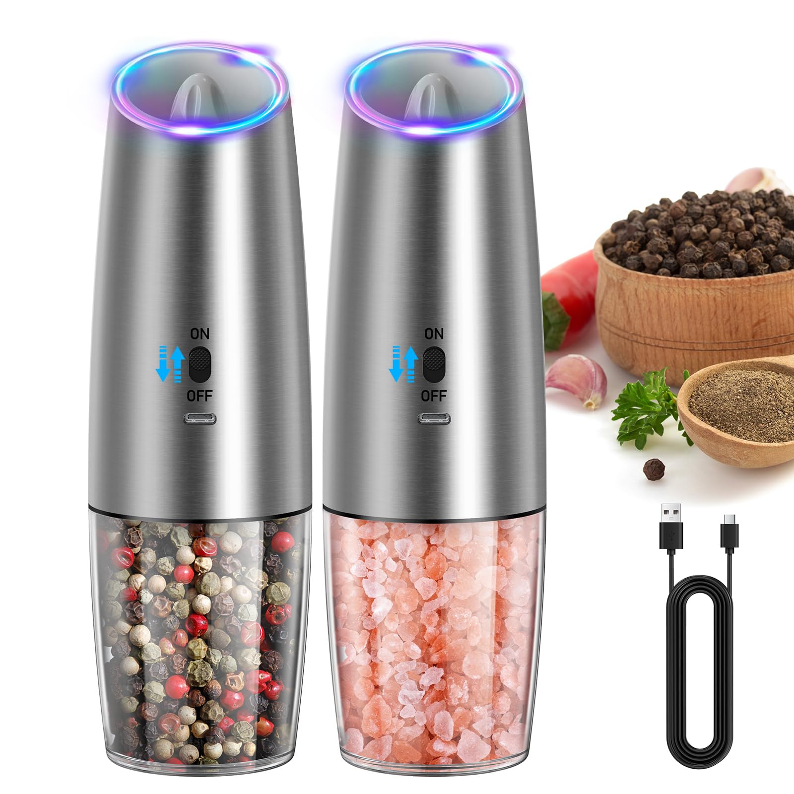 CIRCLE JOY Rechargeable Salt and Pepper Grinder Set Gravity Electric Salt and Pepper Grinder Set, LED Light, Adjustable Coarseness, for Home Kitchen BBQ, Black & White