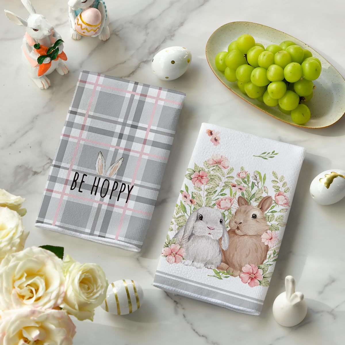 Artoid Mode Pink Bunny Rabbit Ears Floral Leaves Easter Kitchen Towels Dish Towels, 18x26 Inch Be Kind Seasonal Decoration Hand Towels Set of 4