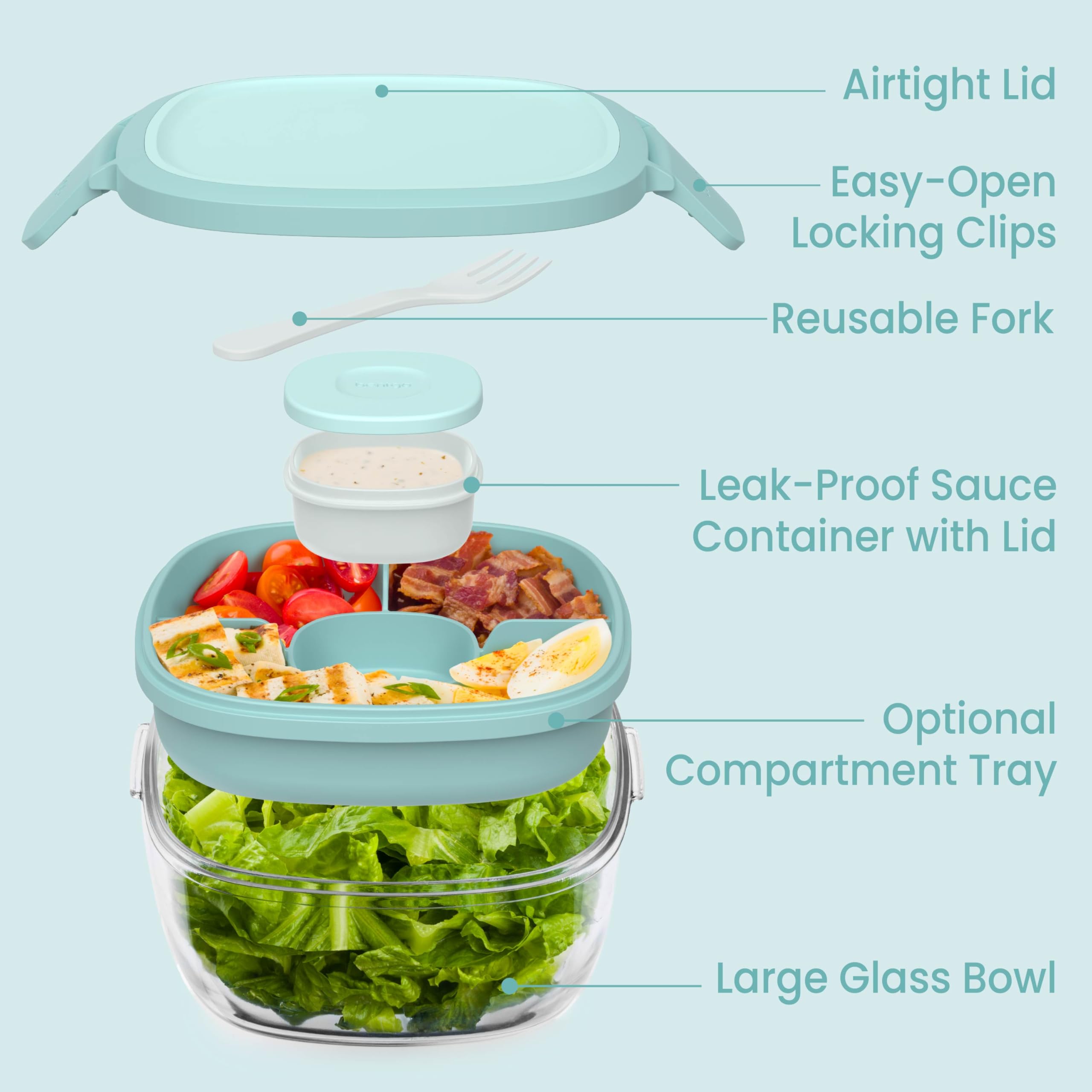 Bentgo Glass Salad Container - 7.6-Cup Salad Bowl with Airtight Lid, Leak-Proof Sauce Container, 4-Compartment Bento Tray & Reusable Fork - BPA-Free for Meal Prep, Office & More (Lavender)