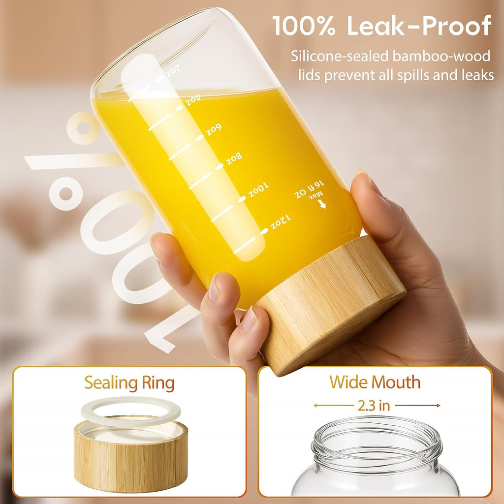 Freshmage 4 Pack Glass Water Bottles with Lids, 16 oz Reusable Wide Mouth Glass Juice Bottles with Bamboo Caps for Juicing, Smoothies, Water, Beverage Storage, 100% Leak Proof, BPA-Free, Borosilicate