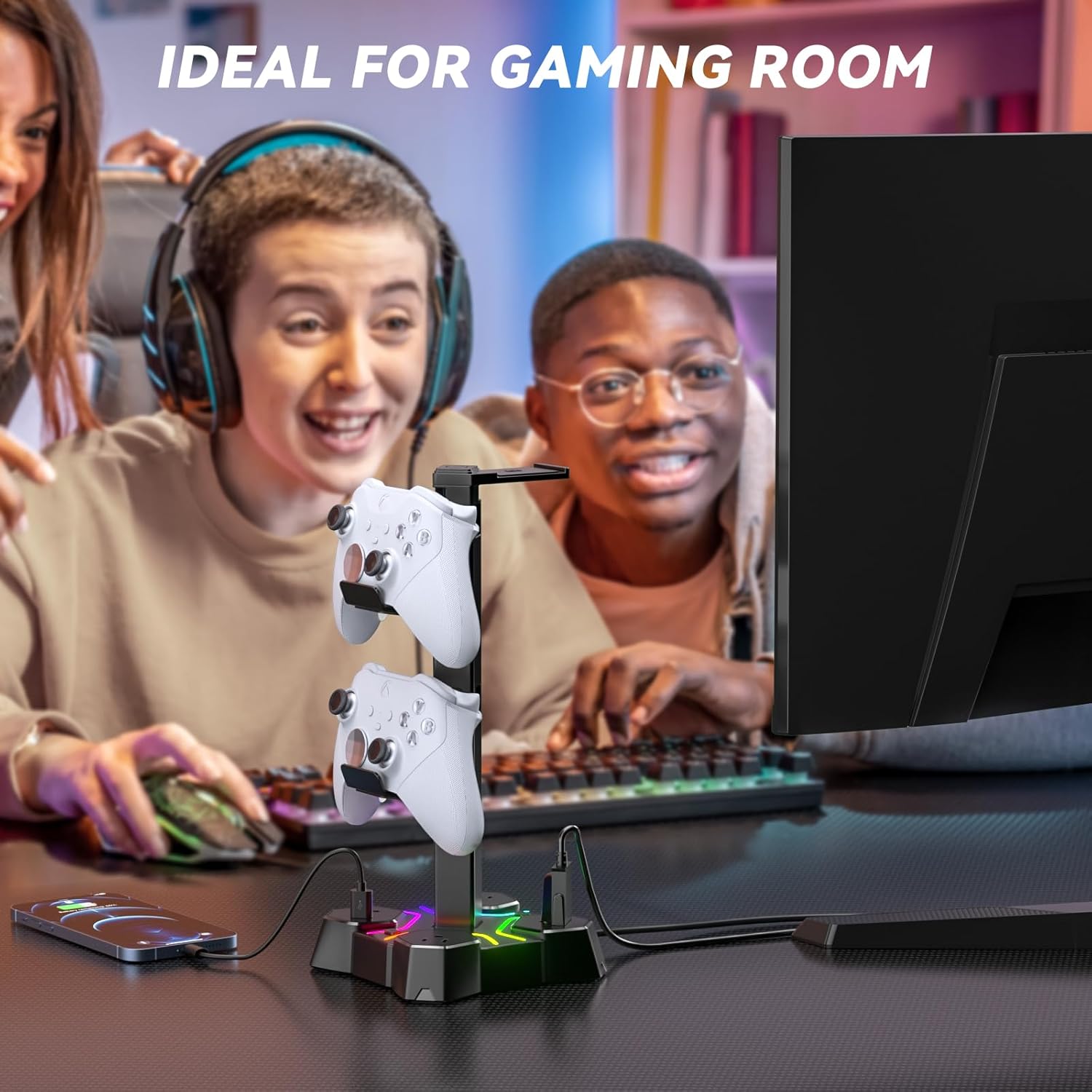 KDD Gaming RGB Headphones Stand & RGB Headphone Stand with USB Charger - Rotatable Headset Stand with 9 Light Modes - Headphone Holder with 2 USB Charging Ports and 3 AC Outlets