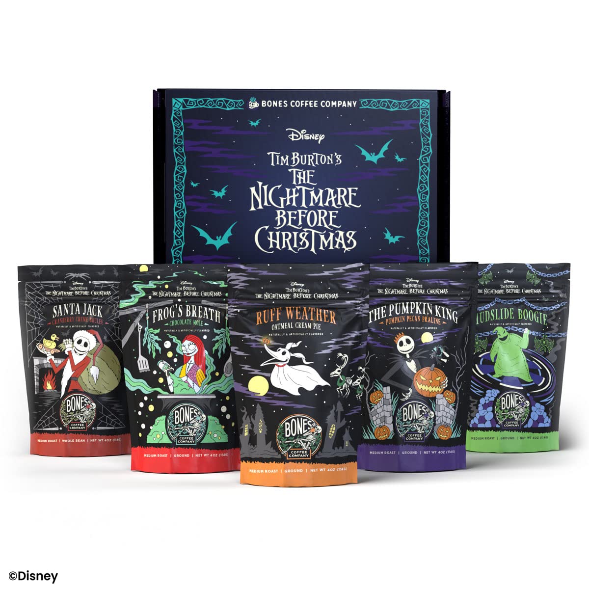 Bones Coffee Company NEW Favorite Flavors Sample Pack, Assorted Flavored Coffee Low Acid Medium Roast Arabica Beans Specialty Coffee Gifts, Auto Drip and French Press Compatible, 4 oz Pack of 5 Ground