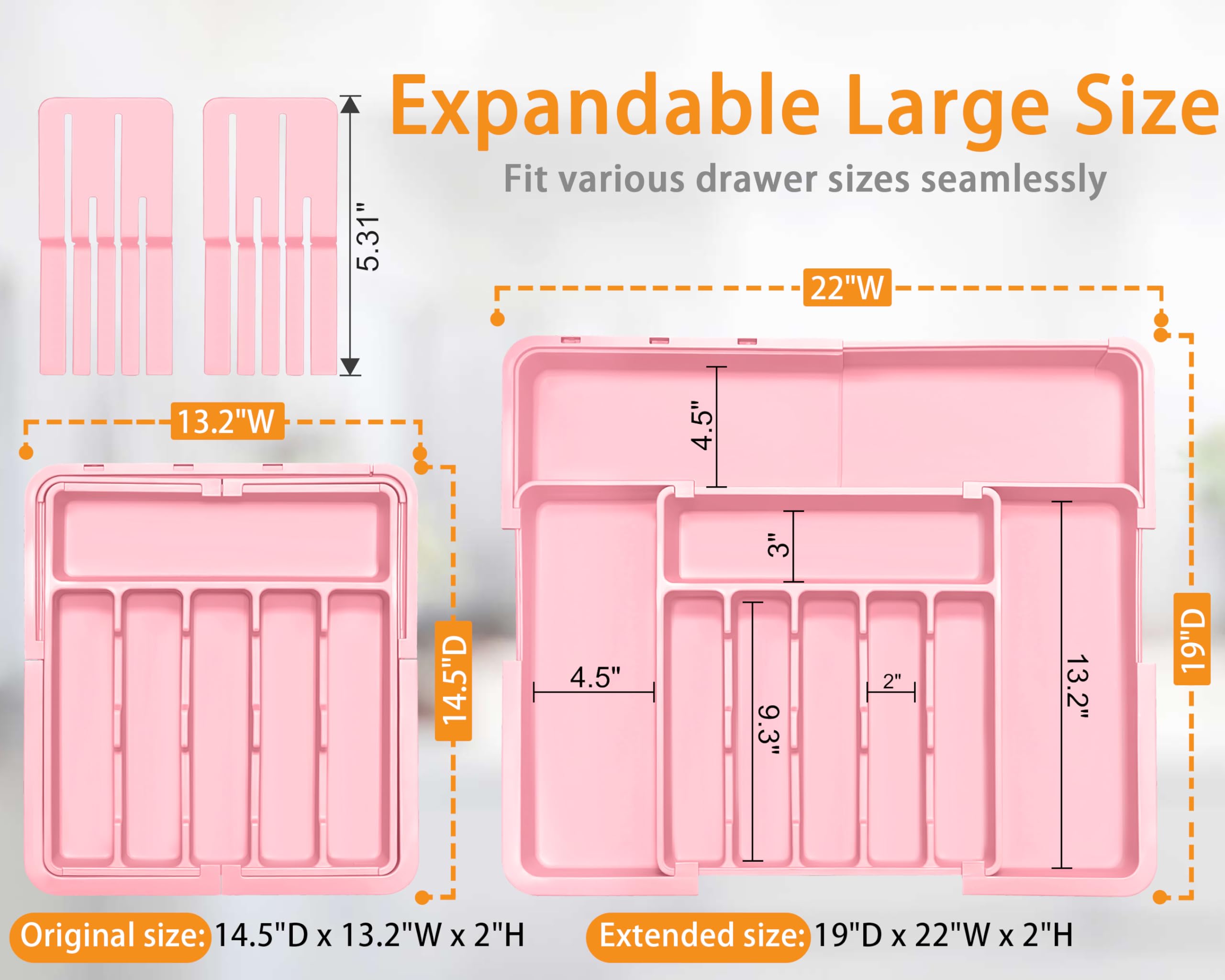 Homecor Silverware Organizer - Expandable Large Kitchen Drawer Organizer Utensil Organizer with 2 Removable Knife Blocks, 22"x 19"Cutlery Tray Drawer Dividers for Kitchen Flatware(6-9 Slots) (Black)