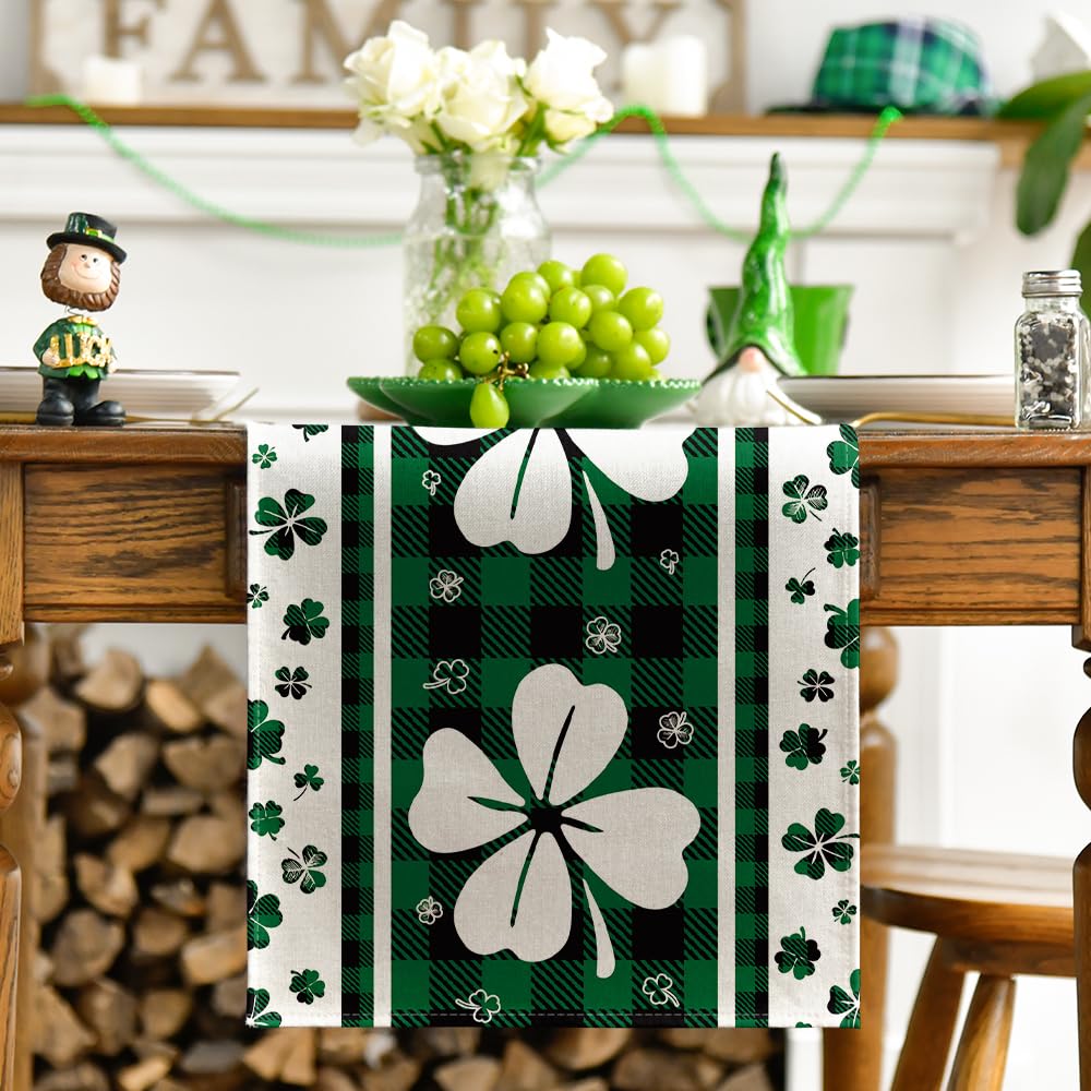 Artoid Mode Green Clover Buffalo Plaid Shamrocks St.Patrick's Day Table Runner, Seasonal Kitchen Dining Table Decoration for Indoor Home Party 13x72 Inch