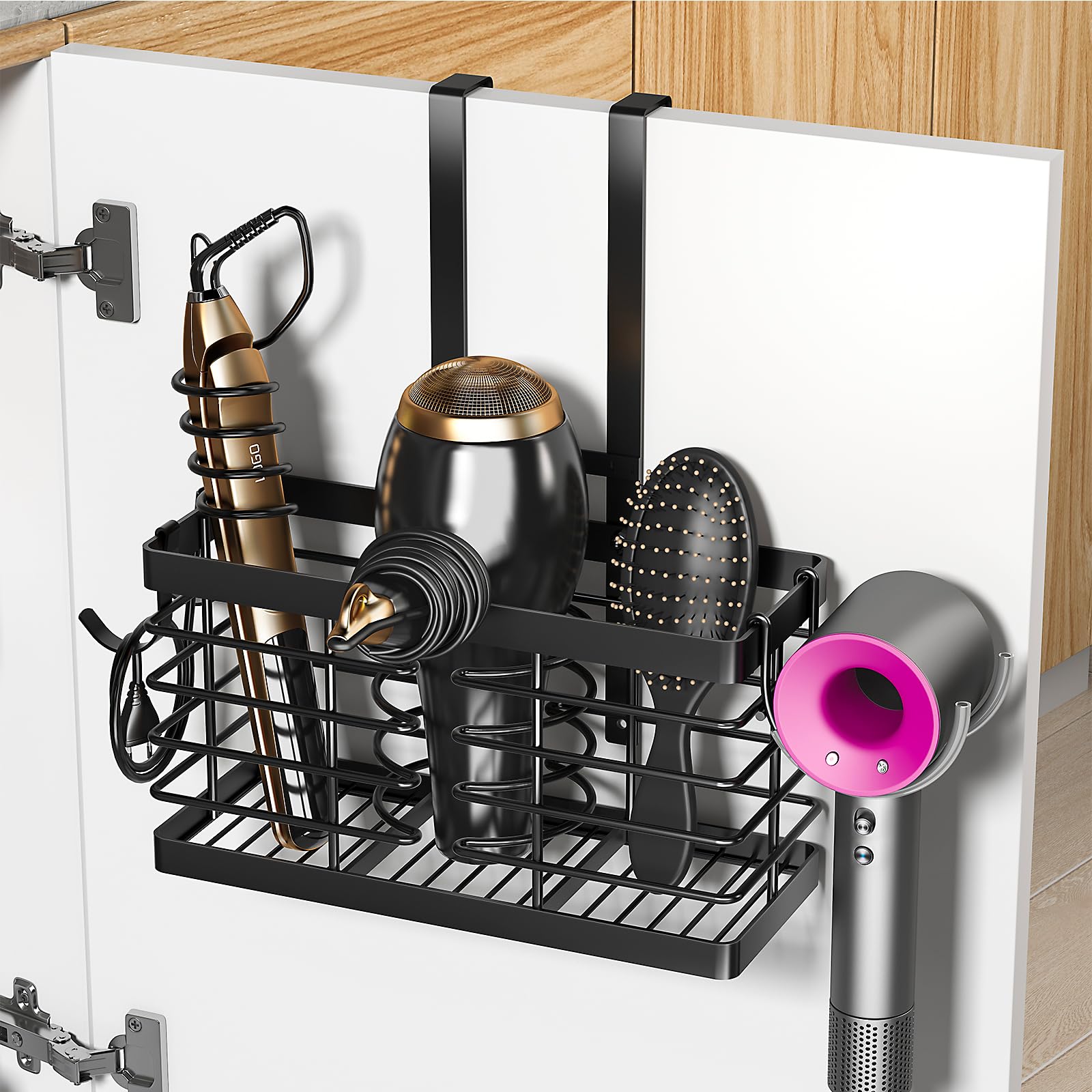 Hair Tool Organizer, 2026 Upgraded 3-in-1 Universal Hair Dryer Holder, Adjustable Height Metal Blow Dryer Holder Wall Mounted/Over Cabinet Door/Free-Standing (Black)