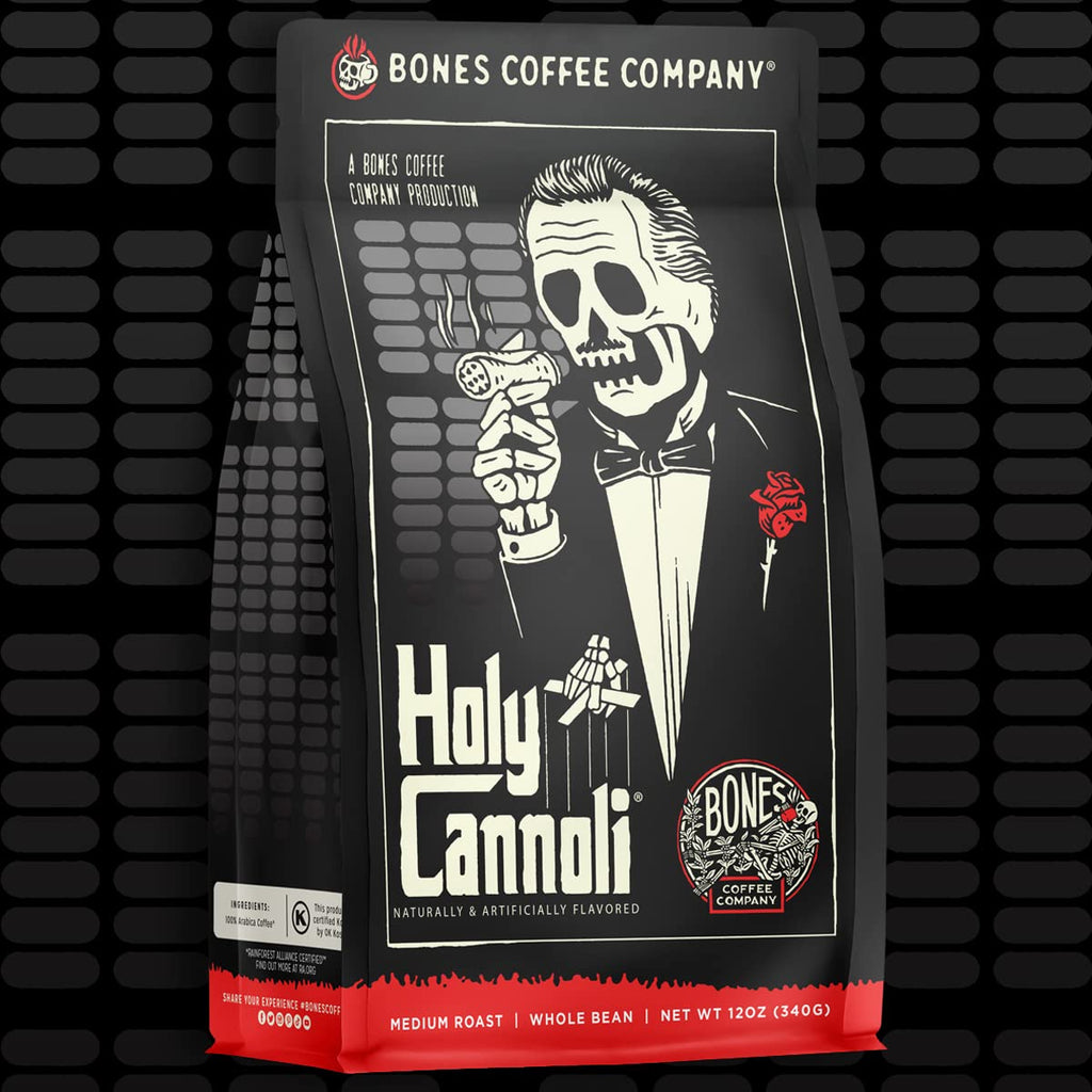 Bones Coffee Company Cinnamon Roll Flavored Coffee, Medium Roast Low Acid Arabica Beans Compatible with Auto drip and French Press Coffee Maker, 12 Oz Ground