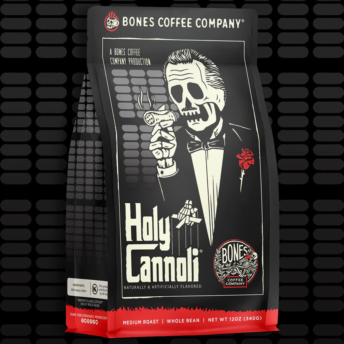 Bones Coffee Company Cinnamon Roll Flavored Coffee, Medium Roast Low Acid Arabica Beans Compatible with Auto drip and French Press Coffee Maker, 12 Oz Ground