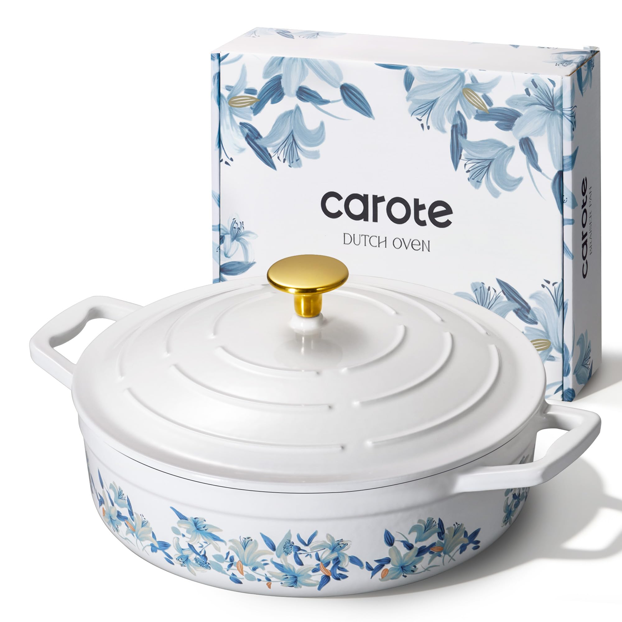 CAROTE 5 QT Cast Iron Dutch Oven Pot with Lid, Enameled Floral Dutch Ovens with Cotton Potholders & Oven Gloves, Gift Box, Cast Iron Pot for Sourdough Bread Baking, Braising, Stews, Roasting, Dual Handles, All Stovetop Compatible, Oven Safe up to 500° F,