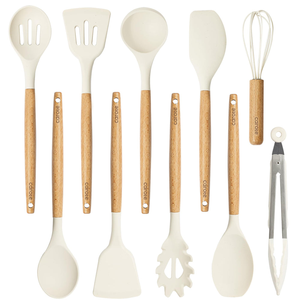 CAROTE Silicone Cooking Utensils Set for Nonstick Cookware, 446°F Heat Resistant Kitchen Utensil Set with Wooden Handle 10pcs, Spatula, Turner, Spoon, Tongs, Whisk