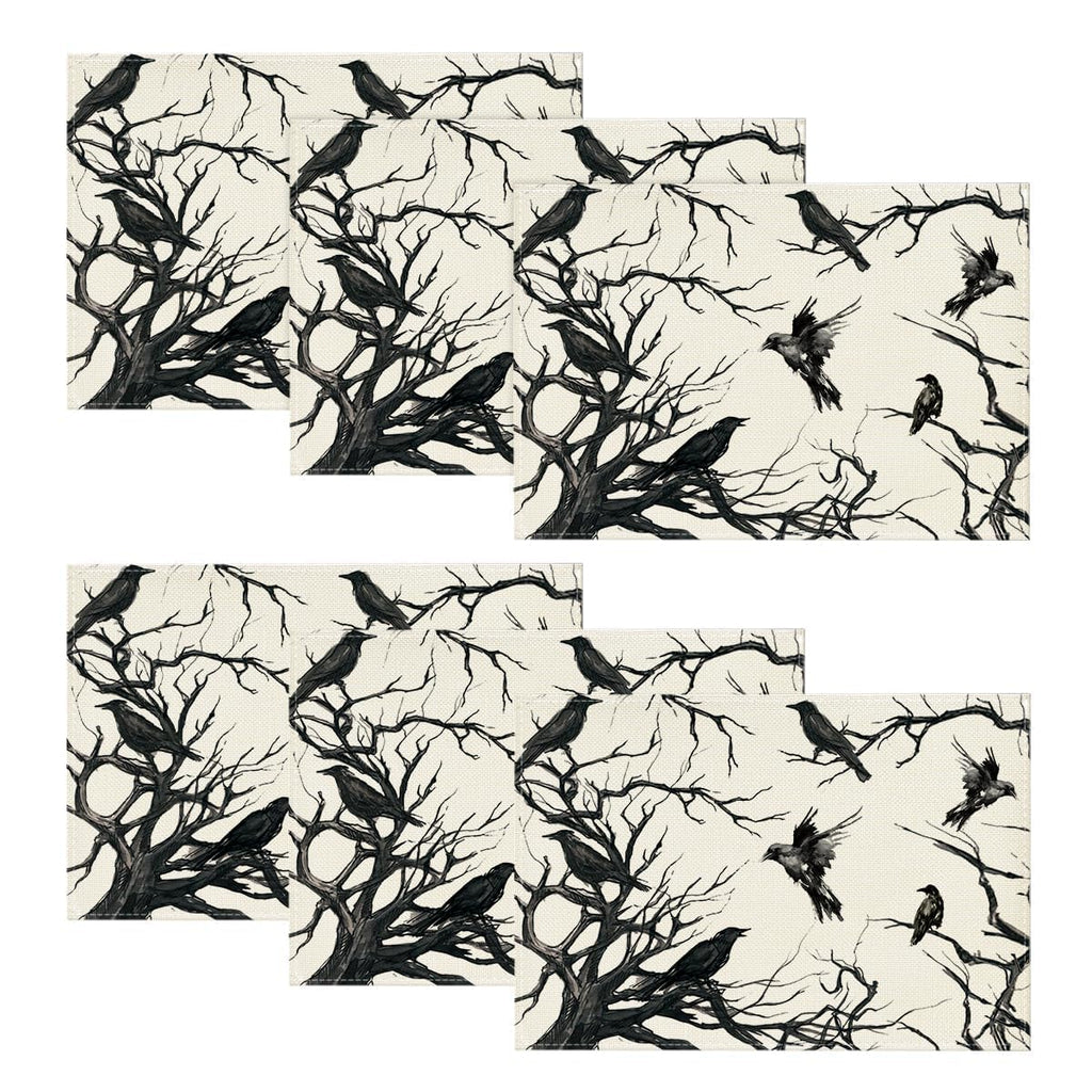 Artoid Mode Tree Crows Halloween Placemats Set of 4, 12x18 Inch Branches Fall Table Mats for Outdoor Home Party Kitchen Dining Decoration