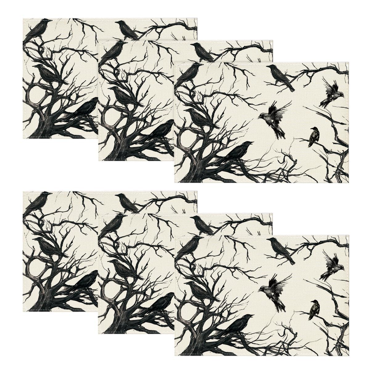 Artoid Mode Tree Crows Halloween Placemats Set of 4, 12x18 Inch Branches Fall Table Mats for Outdoor Home Party Kitchen Dining Decoration