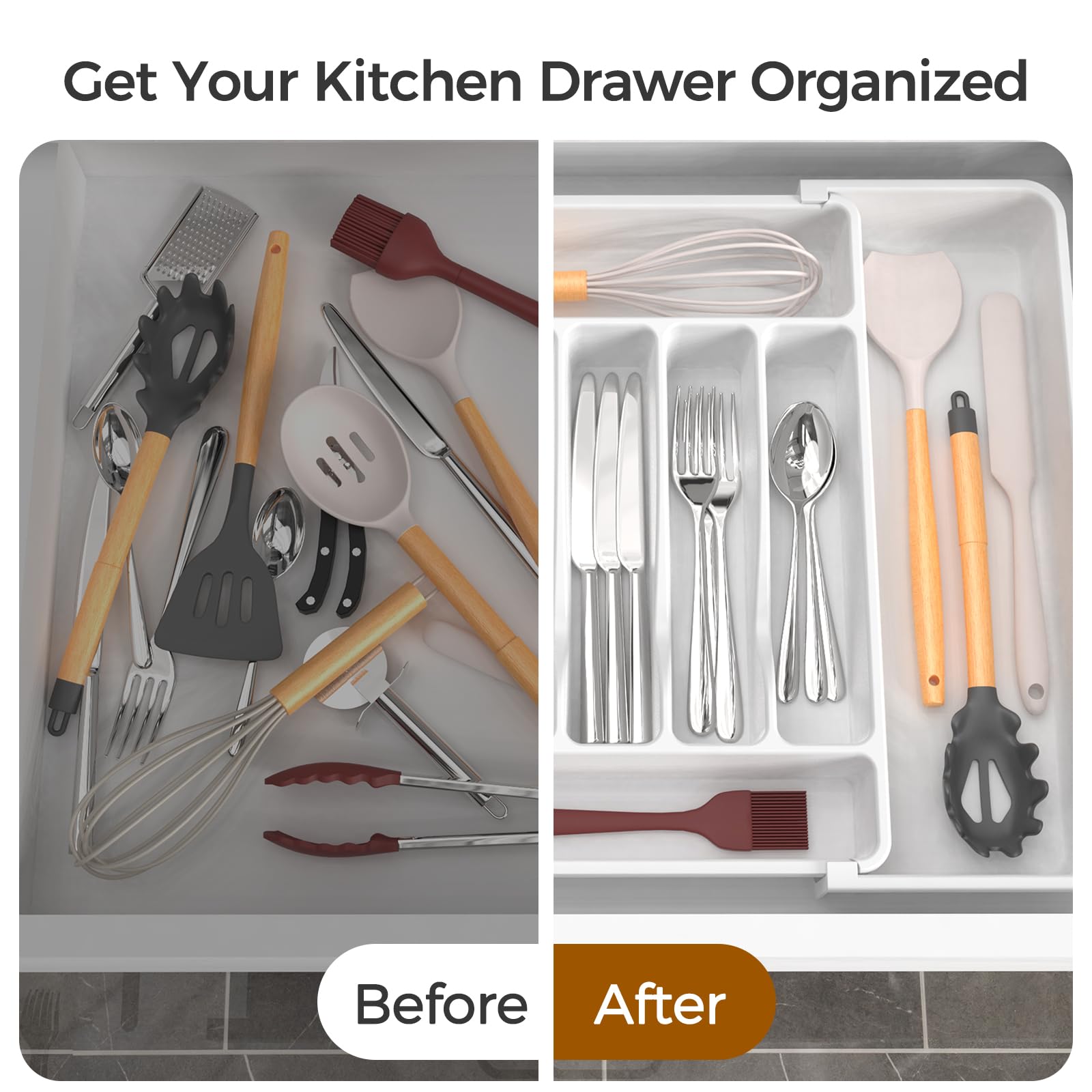 Extra Large Expandable Silverware Organizer, BPA-Free Food-Safe Cutlery Flatware Organizer, Kitchen Utensil Drawer Organizer, Adjustable Silverware Holder for Spoons Forks Knives, Black