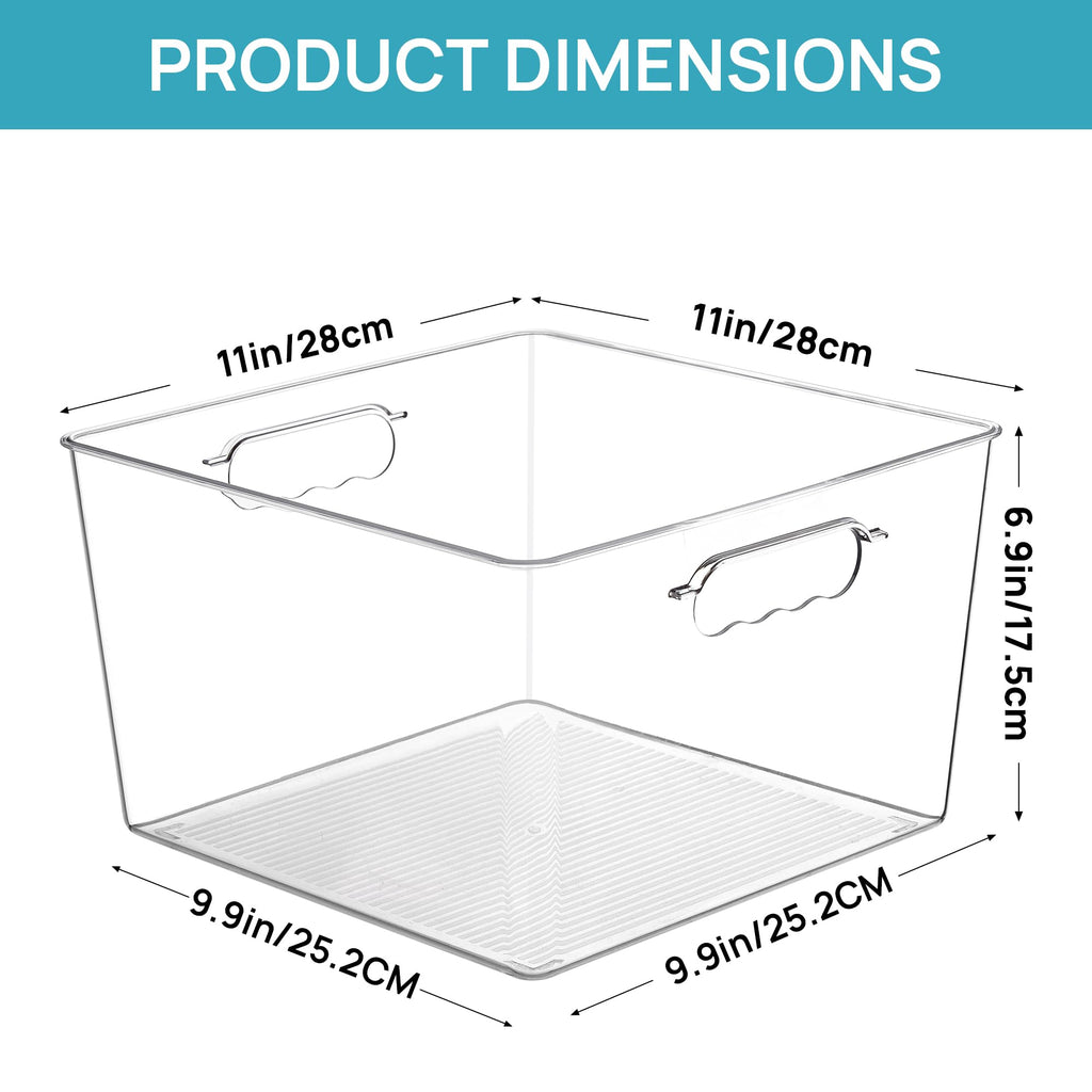 Vtopmart 4 Pack Extra Large Clear Plastic Storage Bins,11x11 Cube Acrylic Organizer Square Containers with Handle for Pantry,Closet,LaundryRoom,Kitchen,Bathroom,UnderSink Organization