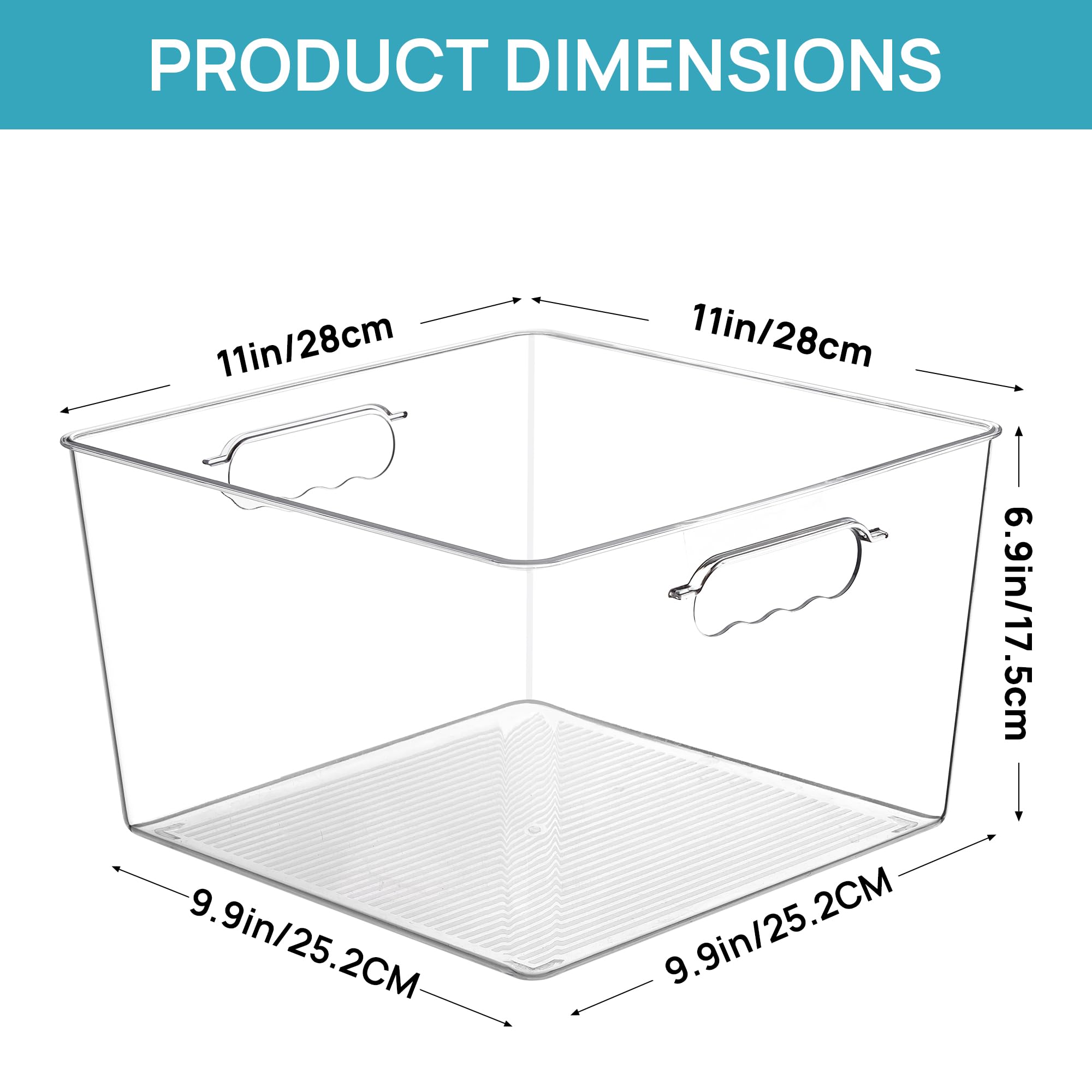 Vtopmart 4 Pack Extra Large Clear Plastic Storage Bins,11x11 Cube Acrylic Organizer Square Containers with Handle for Pantry,Closet,LaundryRoom,Kitchen,Bathroom,UnderSink Organization