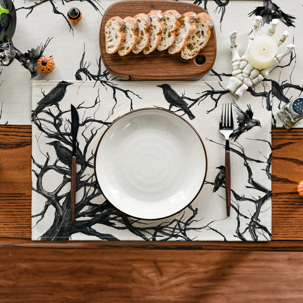 Artoid Mode Tree Crows Halloween Placemats Set of 4, 12x18 Inch Branches Fall Table Mats for Outdoor Home Party Kitchen Dining Decoration
