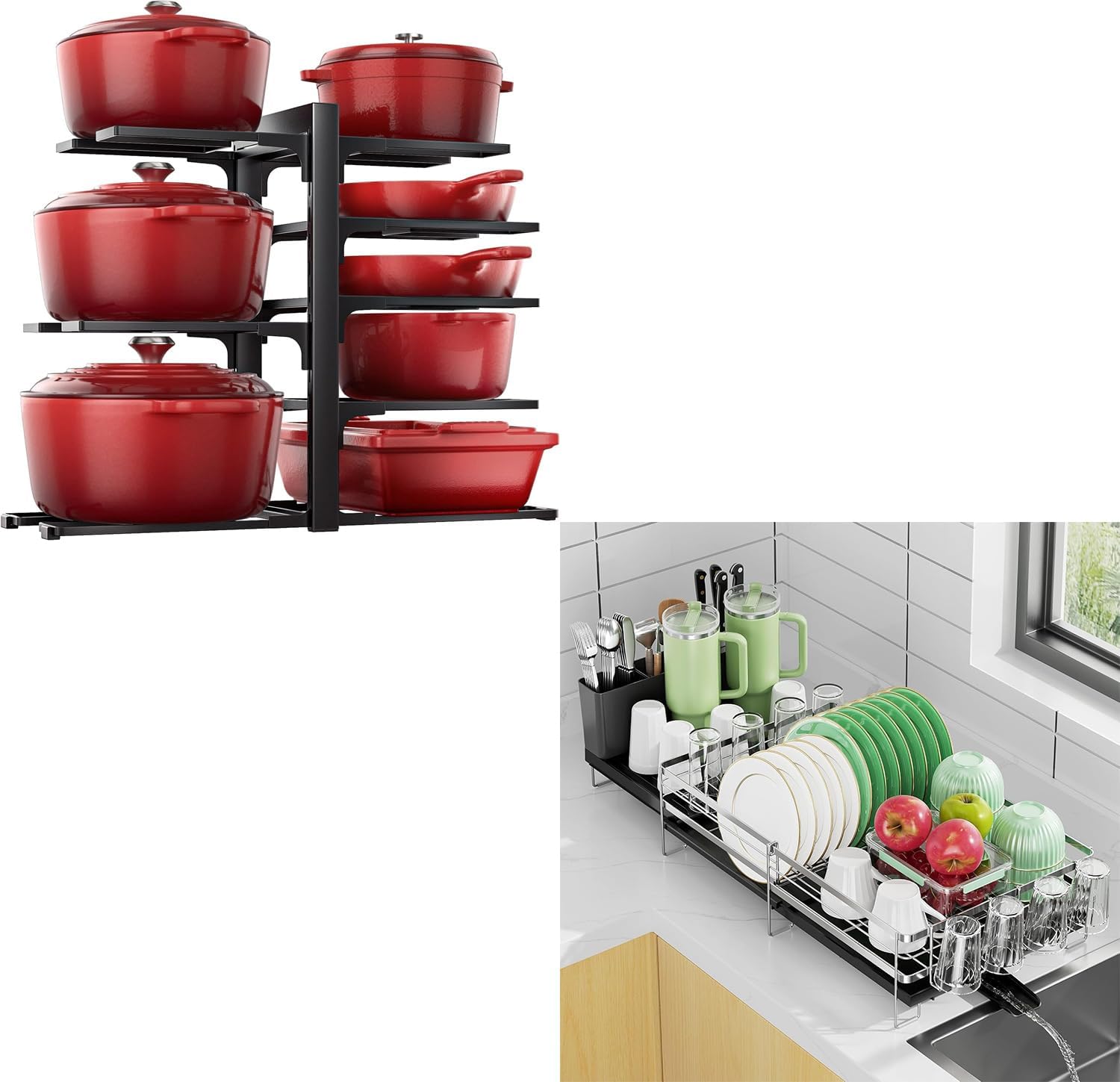 ORDORA 8-Tier Pots and Pans Organizer Rack for Cabinet 15.83" Height & Expandable Large Dish Drying Rack, Stainless Steel Anti-Rust Dish Rack for Kitchen Counter