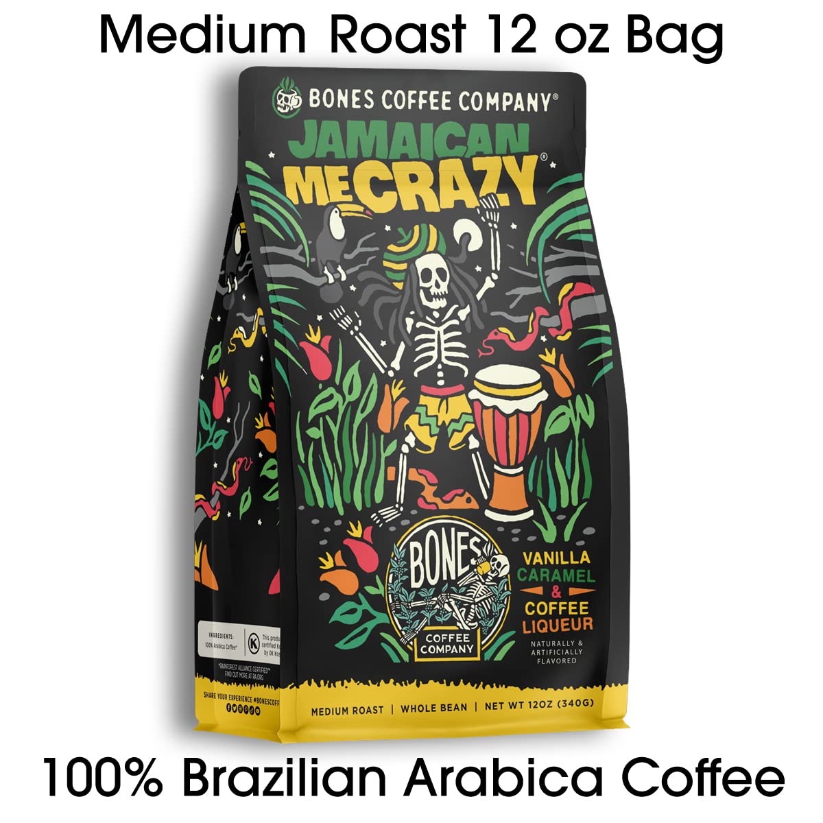 Bones Coffee Company Cinnamon Roll Flavored Coffee, Medium Roast Low Acid Arabica Beans Compatible with Auto drip and French Press Coffee Maker, 12 Oz Ground