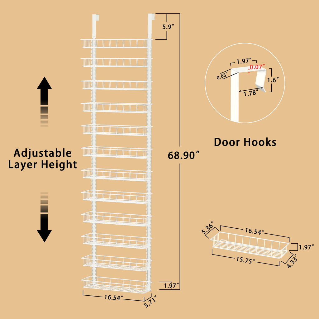Churboro Over the Door Pantry Organizer Rack with 9 Adjustable Baskets, 9 Tiers Dual-use Hanging or Wall Mount Spice Rack Organizer, Black